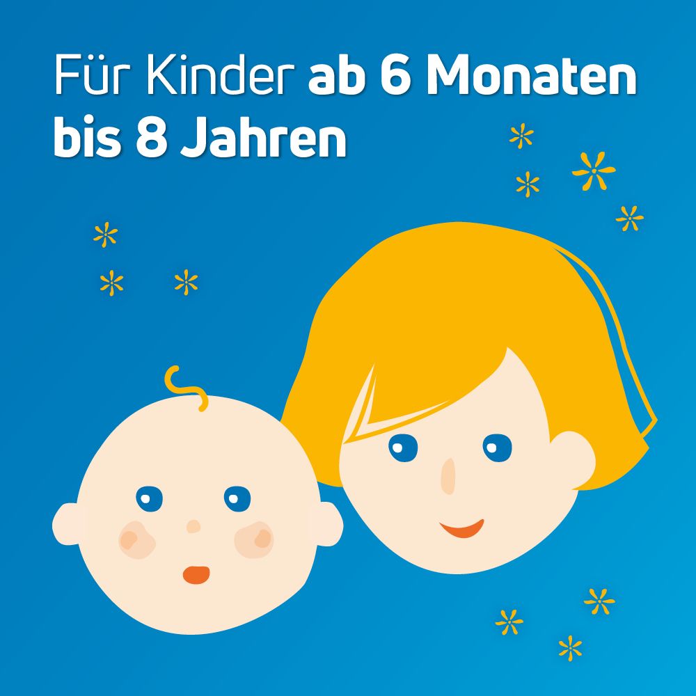 Grafik mit zwei Kindergesichtern. Text: Für Kinder ab 6 Monaten bis 8 Jahren. Sterne als Dekoration.