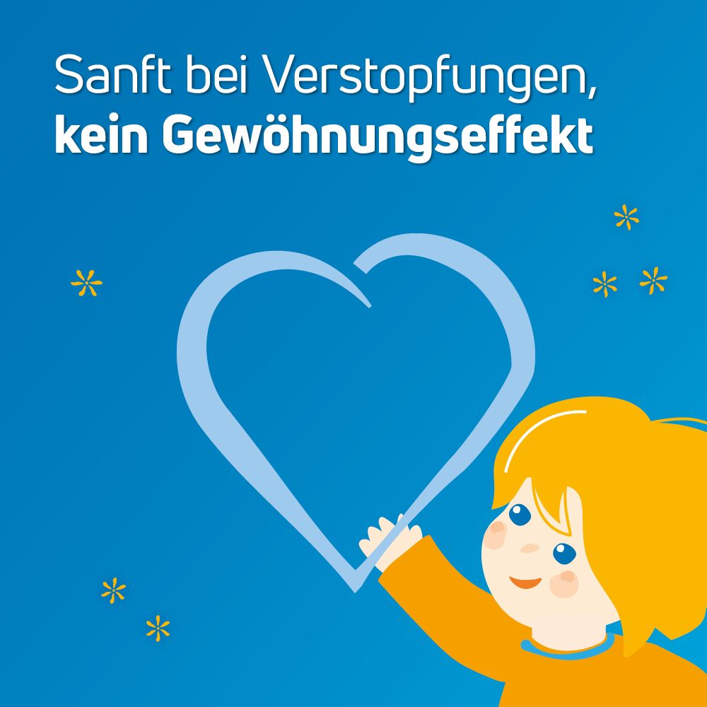 Grafik mit einem Herz. Text: Sanft bei Verstopfungen, kein Gewöhnungseffekt. Sterne als Dekoration.