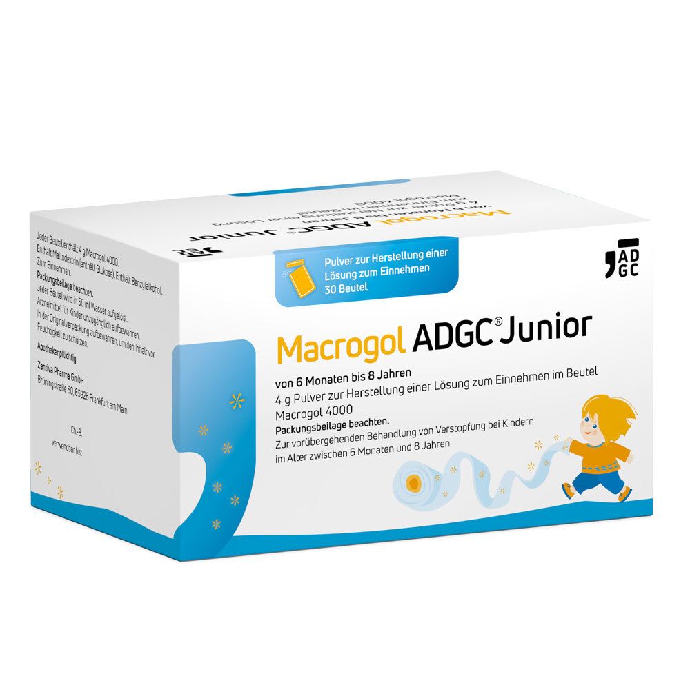 Weiß-blaue Verpackung von Macrogol ADGC Junior. Enthält 30 Beutel. Aufschrift: 4 g Pulver zur Herstellung einer Lösung zum Einnehmen.