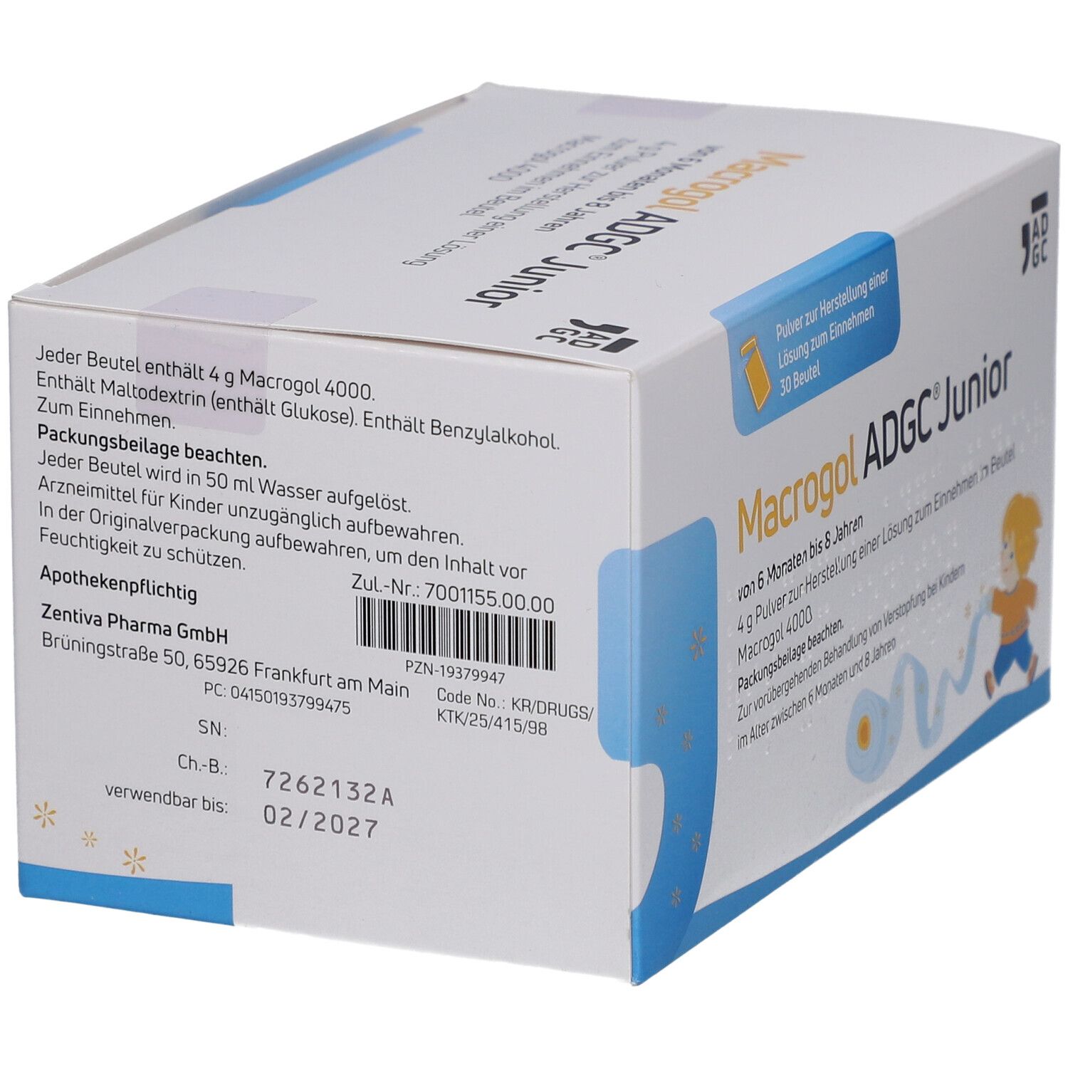 Produktverpackung mit Logo und Produktnamen. Enthält 30 Beutel. Detailansicht mit Text.