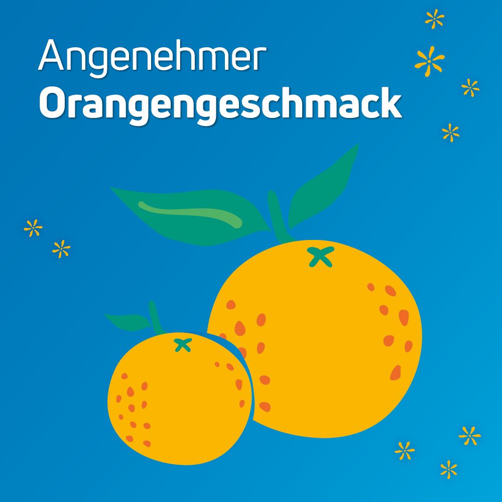 Blauer Hintergrund mit gelben Sternen. Text: Angenehmer Orangengeschmack. Illustration von zwei Orangen mit Blättern.