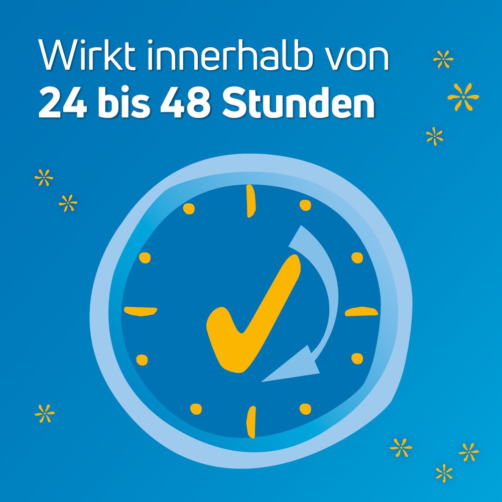 Blauer Hintergrund mit gelben Sternen. Text: Wirkt innerhalb von 24 bis 48 Stunden. Illustration einer Uhr mit Häkchen.