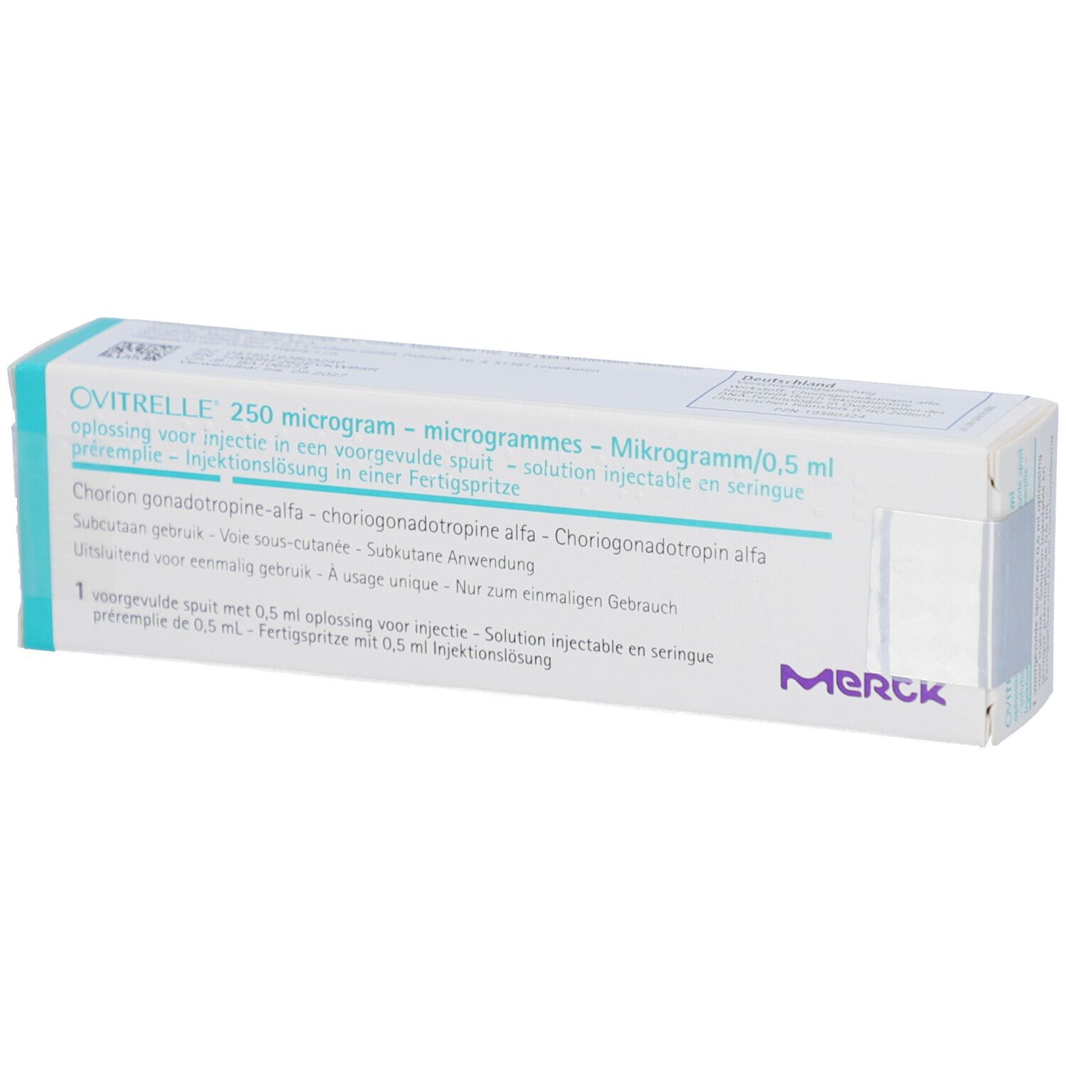 Schachtel mit OVITRELLE 250 Mikrogramm/0,5 ml Injektionslösung. Text in Deutsch, Französisch, Italienisch und Niederländisch. Merck-Logo.