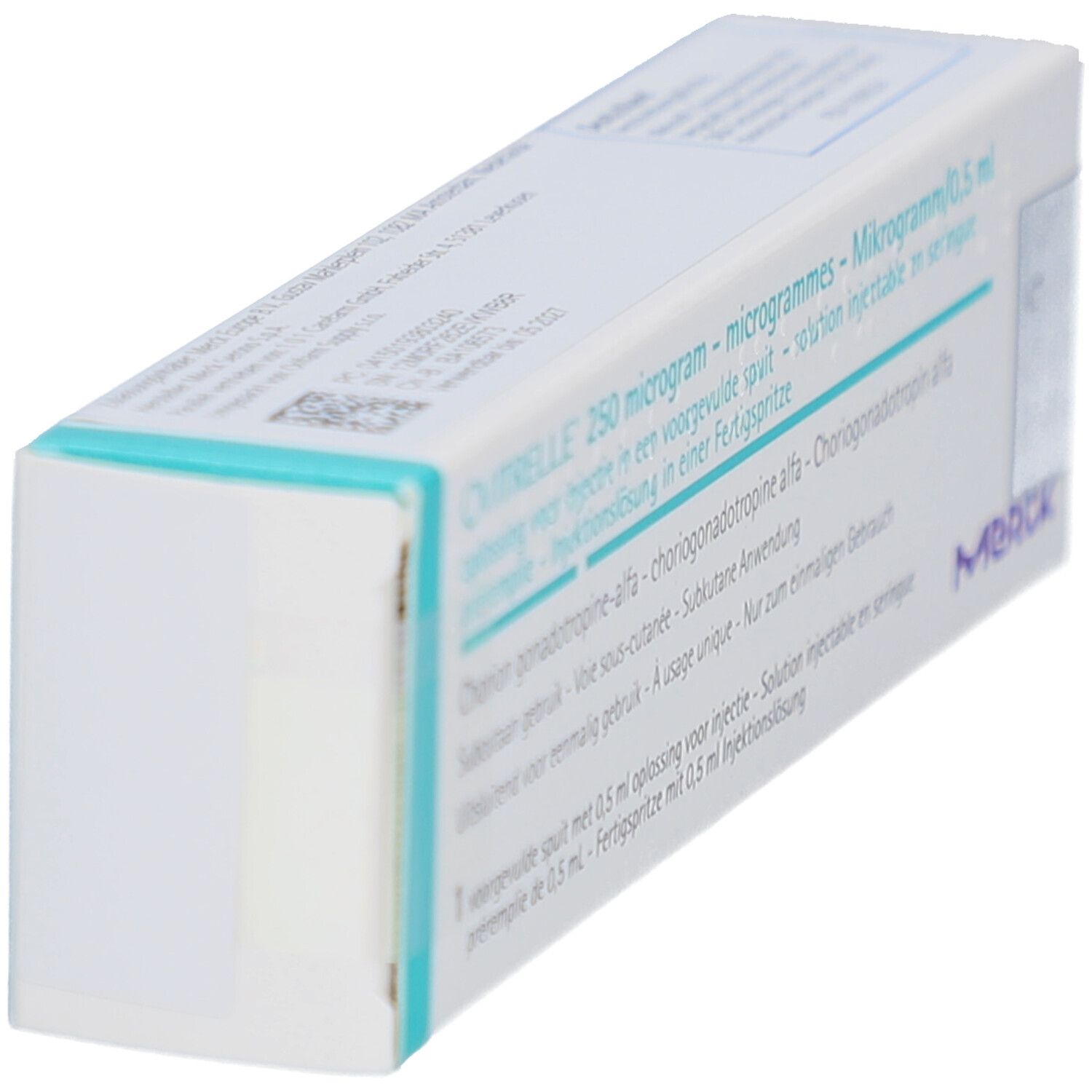 Schachtel OVITRELLE 250 Mikrogramm/0,5 ml. Seitenansicht. Text in Deutsch, Französisch, Italienisch und Niederländisch. Merck-Logo.