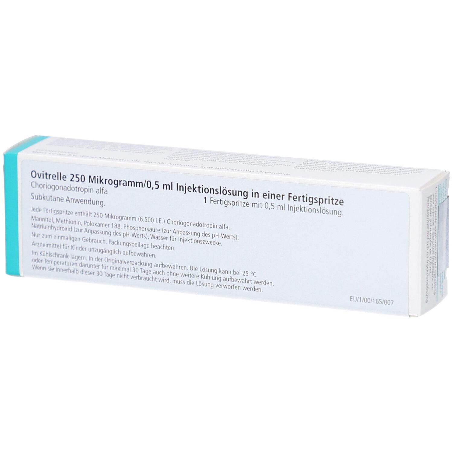 OVITRELLE 250 Mikrogramm/0,5 ml Injektionslösung in Schachtel. Text in Deutsch, Französisch, Italienisch und Niederländisch. Merck-Logo.