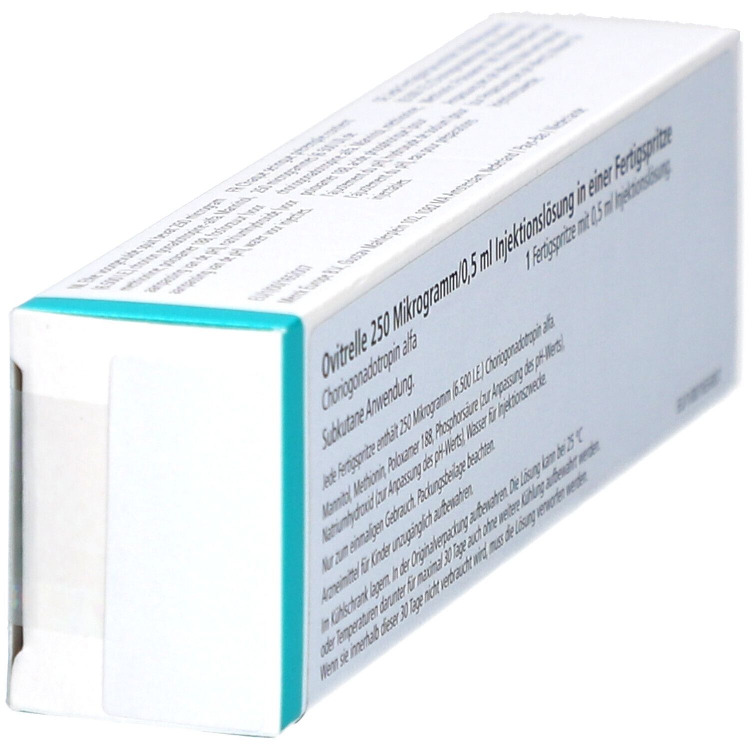 OVITRELLE 250 Mikrogramm/0,5 ml Schachtel. Seitenansicht. Text in Deutsch, Französisch, Italienisch und Niederländisch. Merck-Logo.