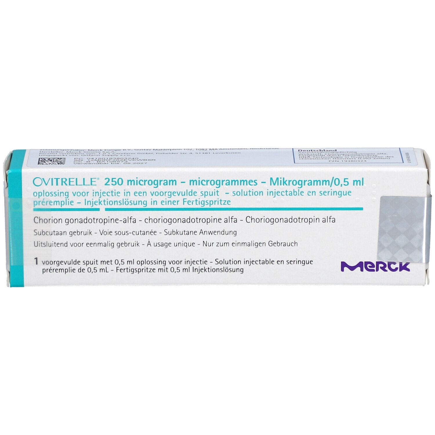 OVITRELLE 250 Mikrogramm/0,5 ml Injektionslösung in Schachtel. Text in Deutsch, Französisch, Italienisch und Niederländisch. Merck-Logo.