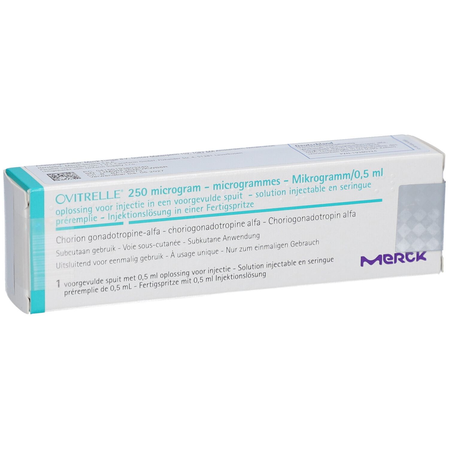 OVITRELLE 250 Mikrogramm/0,5 ml Injektionslösung in Schachtel. Text in Deutsch, Französisch, Italienisch und Niederländisch. Merck-Logo.