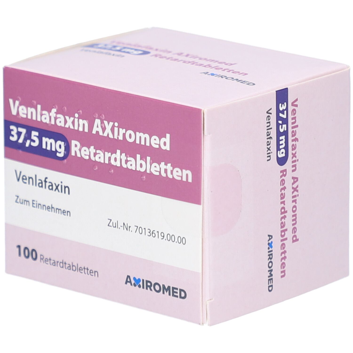 Schachtel mit Venlafaxin AXiromed 37,5 mg Retardtabletten. 100 Tabletten. Rosa-weißes Design. AXiromed Logo.
