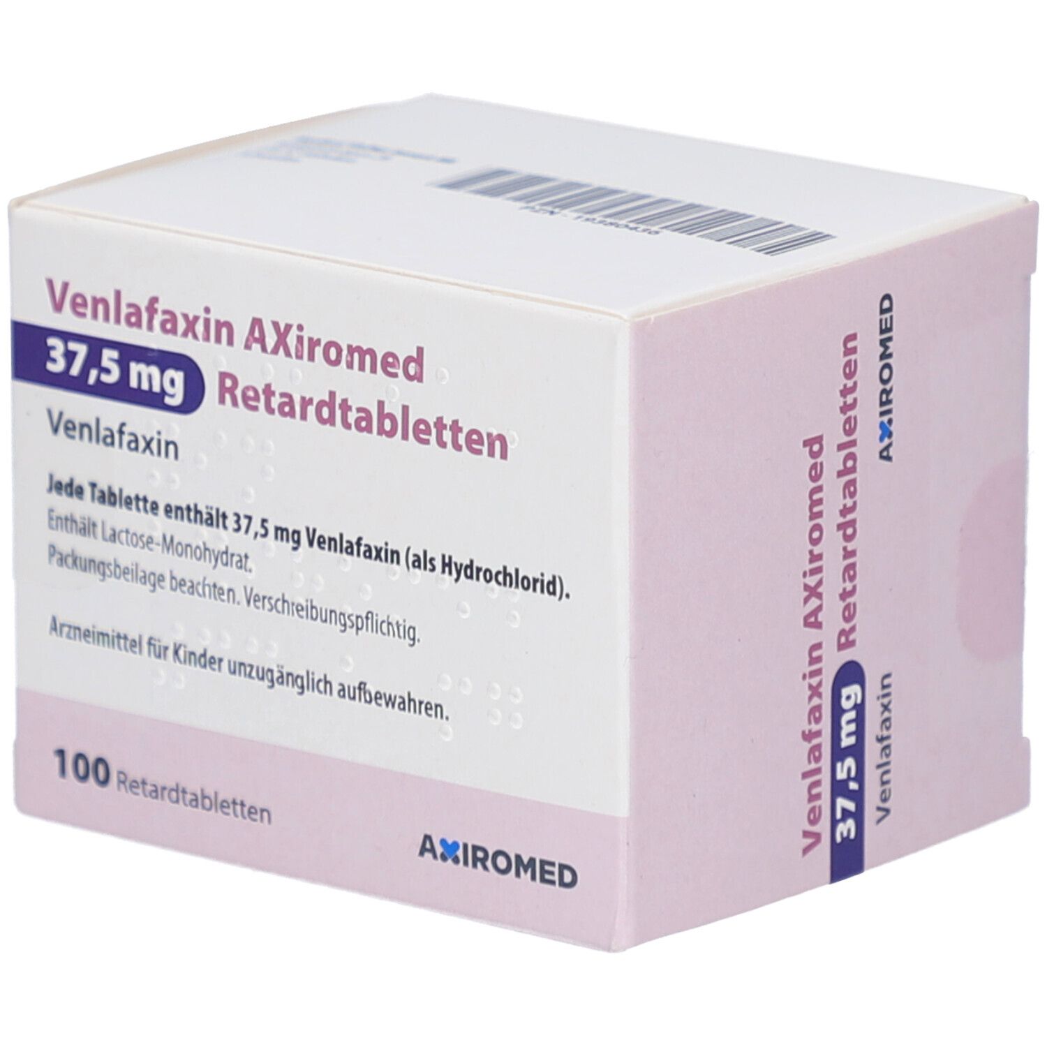 Schachtel mit Venlafaxin AXiromed 37,5 mg Retardtabletten. 100 Tabletten. Text in Deutsch. AXiromed Logo. Braille-Schrift.