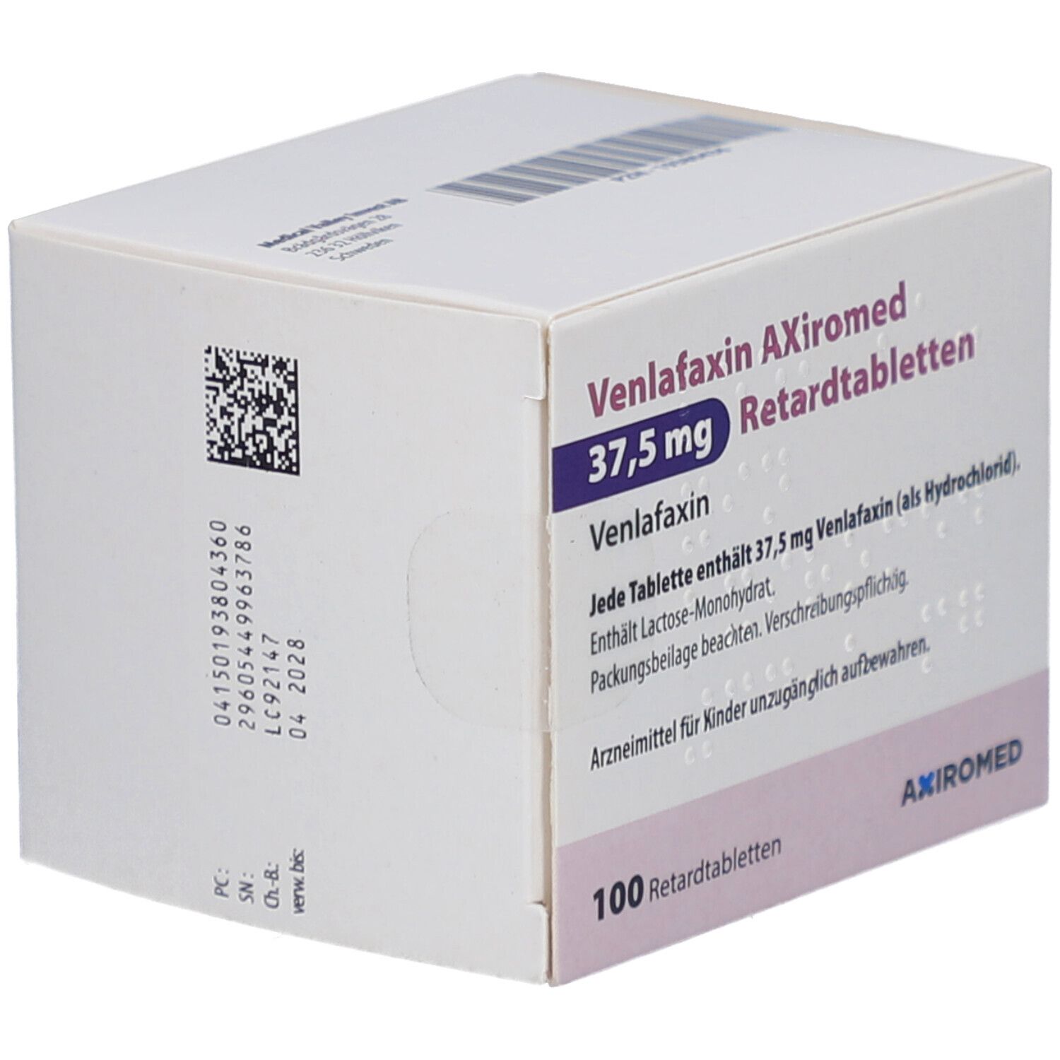 Schachtel mit Venlafaxin AXiromed 37,5 mg Retardtabletten. 100 Tabletten. Barcode und Chargennummer. AXiromed Logo. Braille-Schrift.