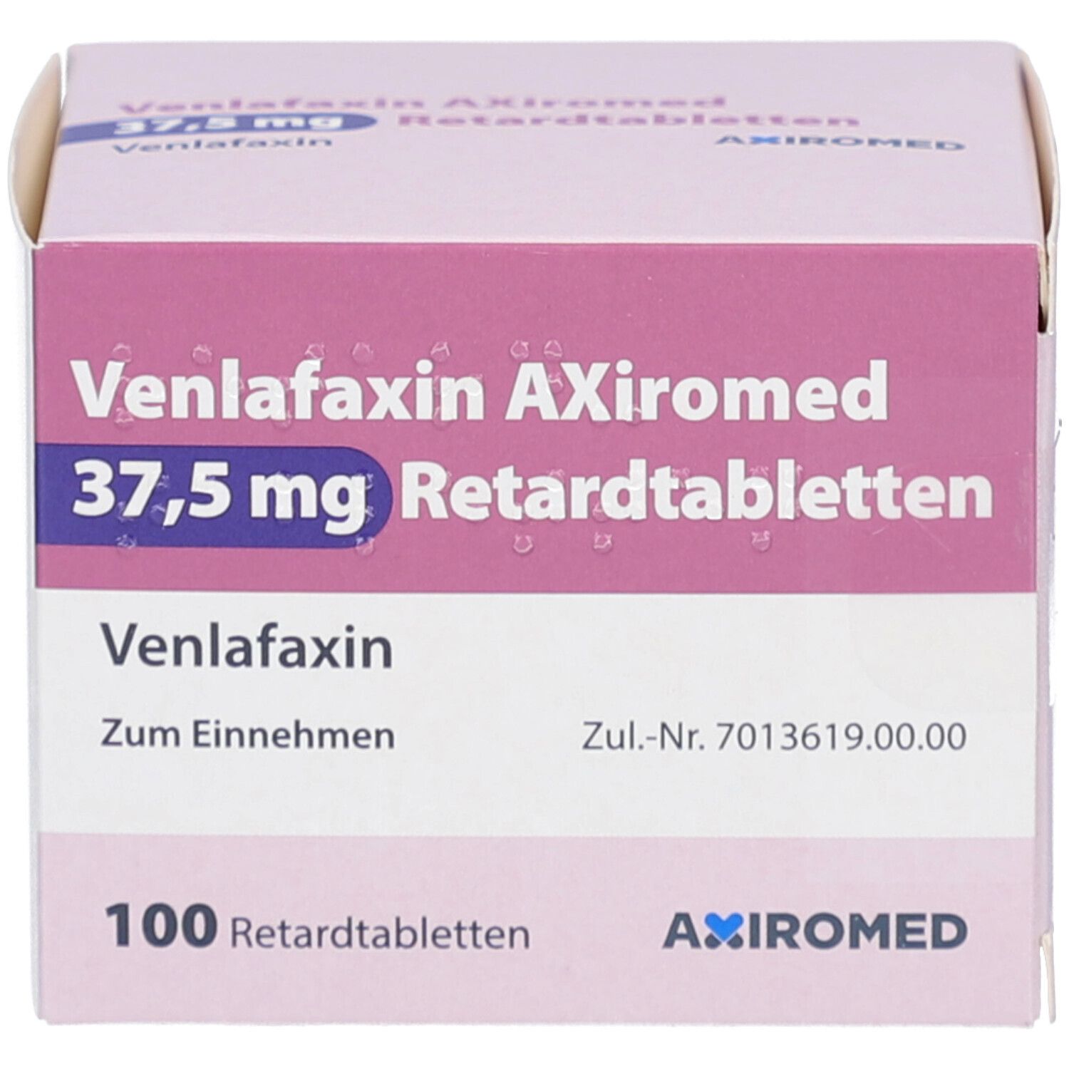 Schachtel mit Venlafaxin AXiromed 37,5 mg Retardtabletten. 100 Tabletten. Rosa-weißes Design. AXiromed Logo.