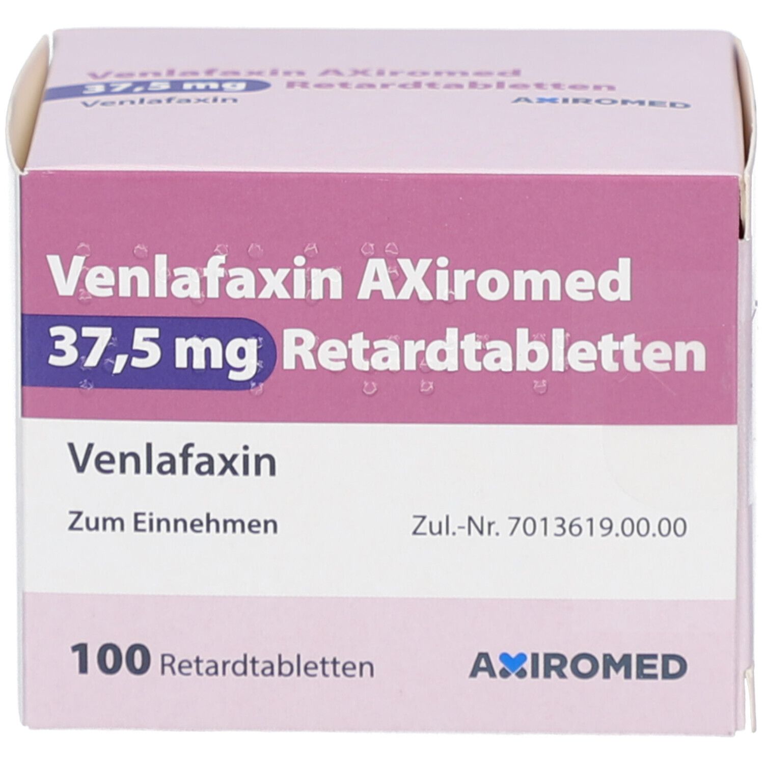 Schachtel mit Venlafaxin AXiromed 37,5 mg Retardtabletten. 100 Tabletten. Rosa-weißes Design. AXiromed Logo.