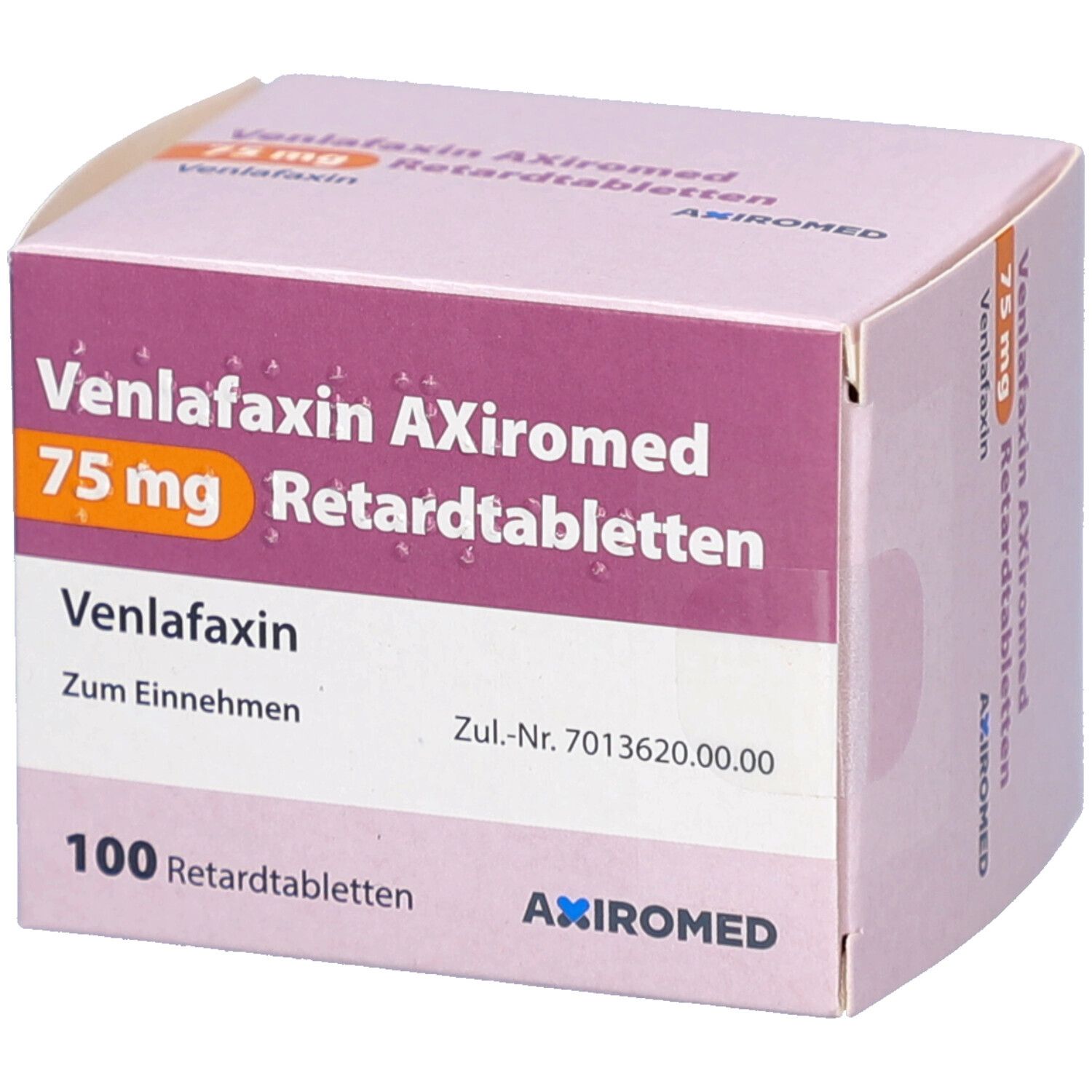 Schachtel mit Venlafaxin AXiromed 75 mg Retardtabletten. Aufschrift: 100 Retardtabletten. Marke AXiromed.