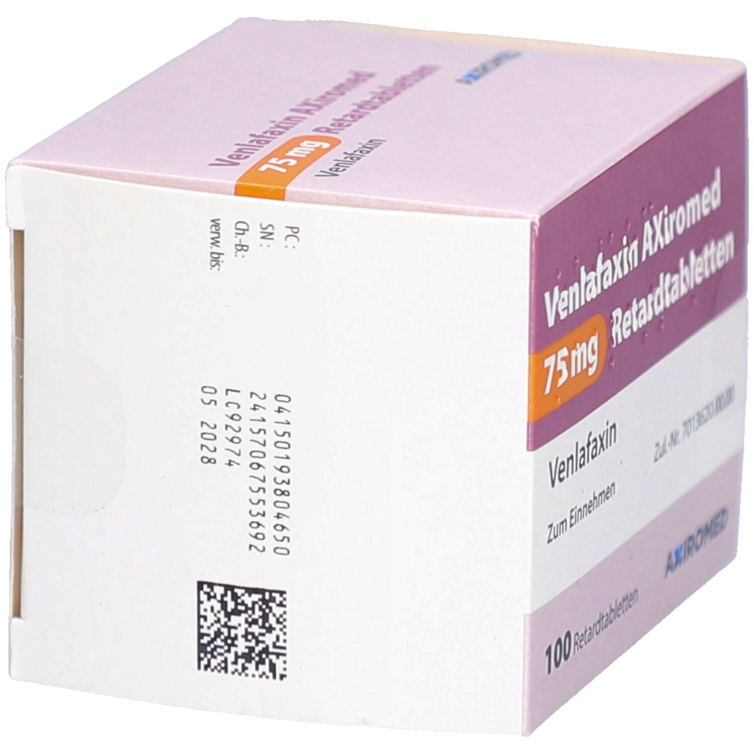 Seitenansicht der Schachtel mit Venlafaxin AXiromed 75 mg Retardtabletten. Aufdrucke mit Chargennummer und Verfallsdatum.
