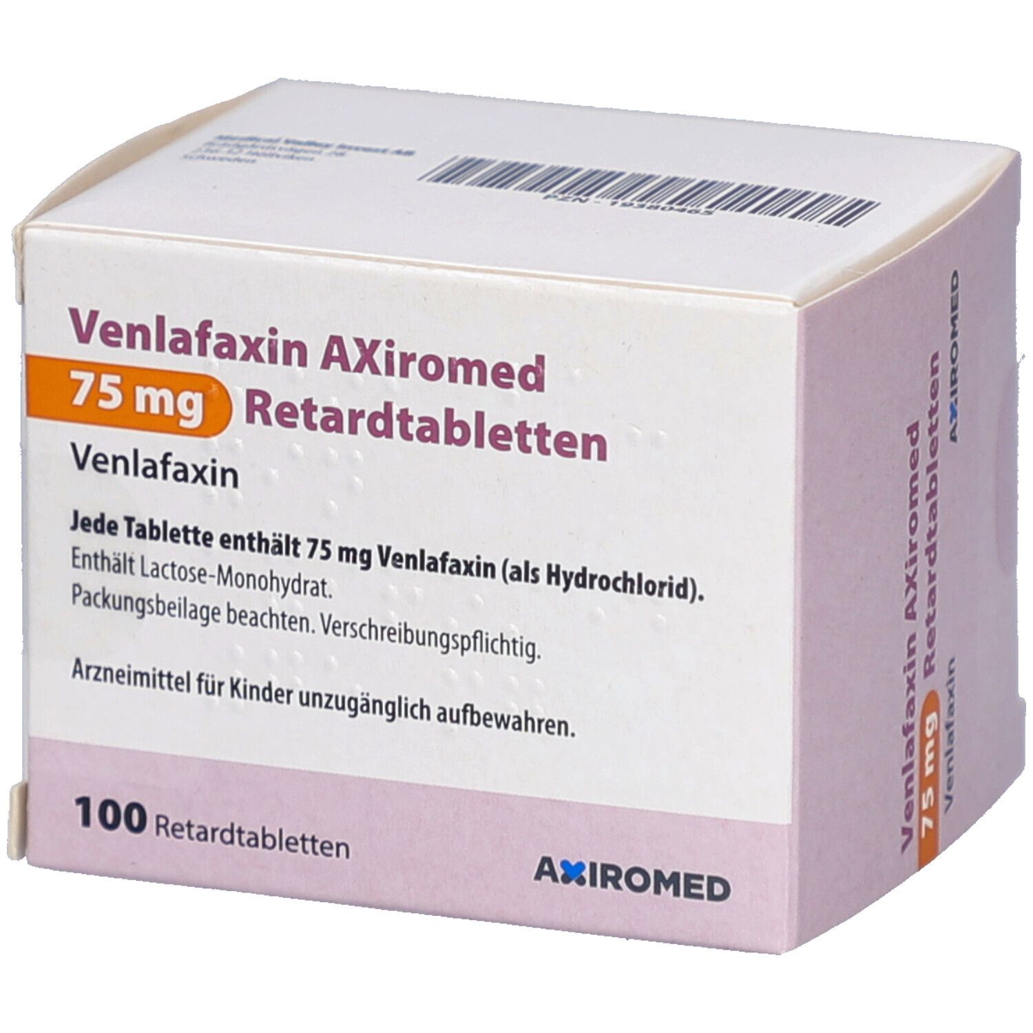 Schachtel mit Venlafaxin AXiromed 75 mg Retardtabletten. Aufschrift: 100 Retardtabletten. Enthält Informationen zur Zusammensetzung.