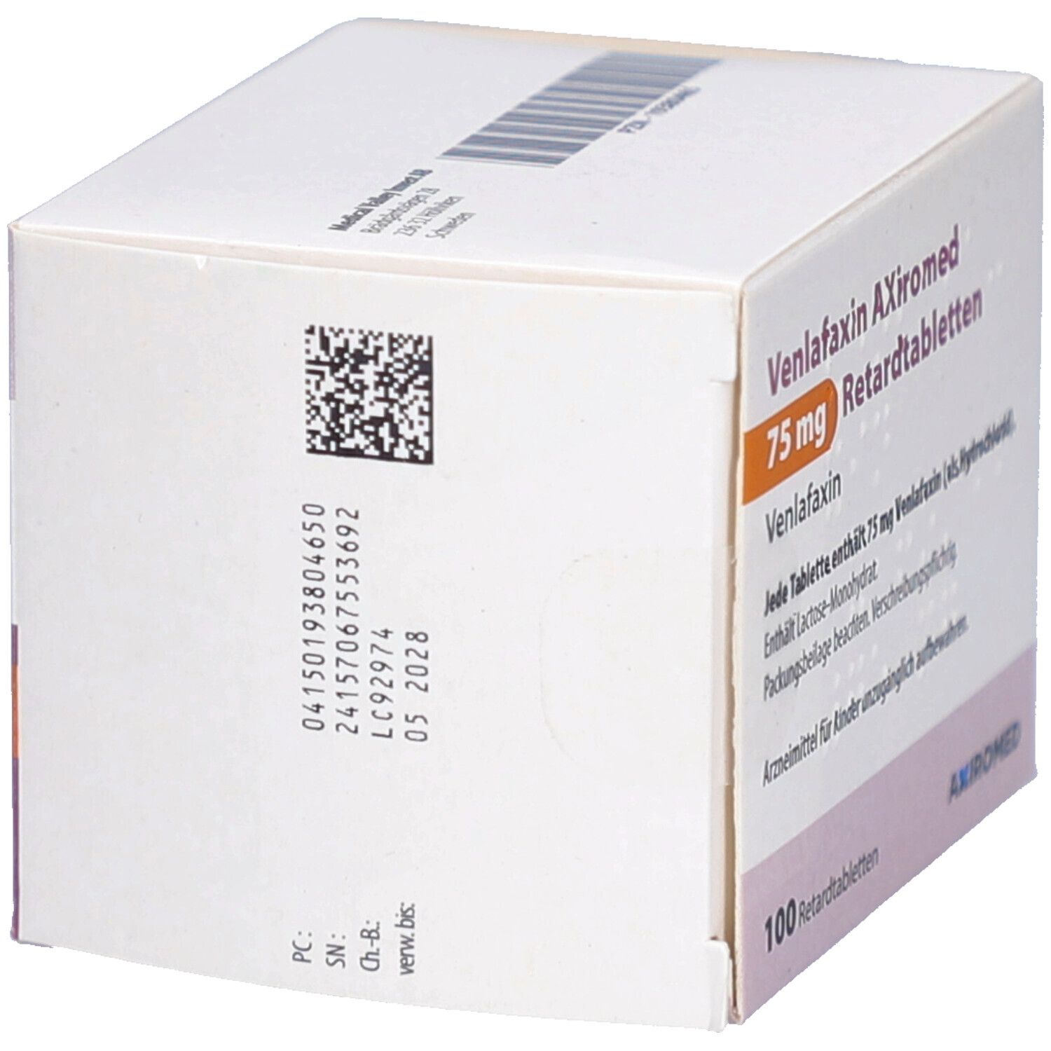 Seitenansicht der Schachtel mit Venlafaxin AXiromed 75 mg Retardtabletten. Aufdrucke mit Chargennummer und Verfallsdatum.