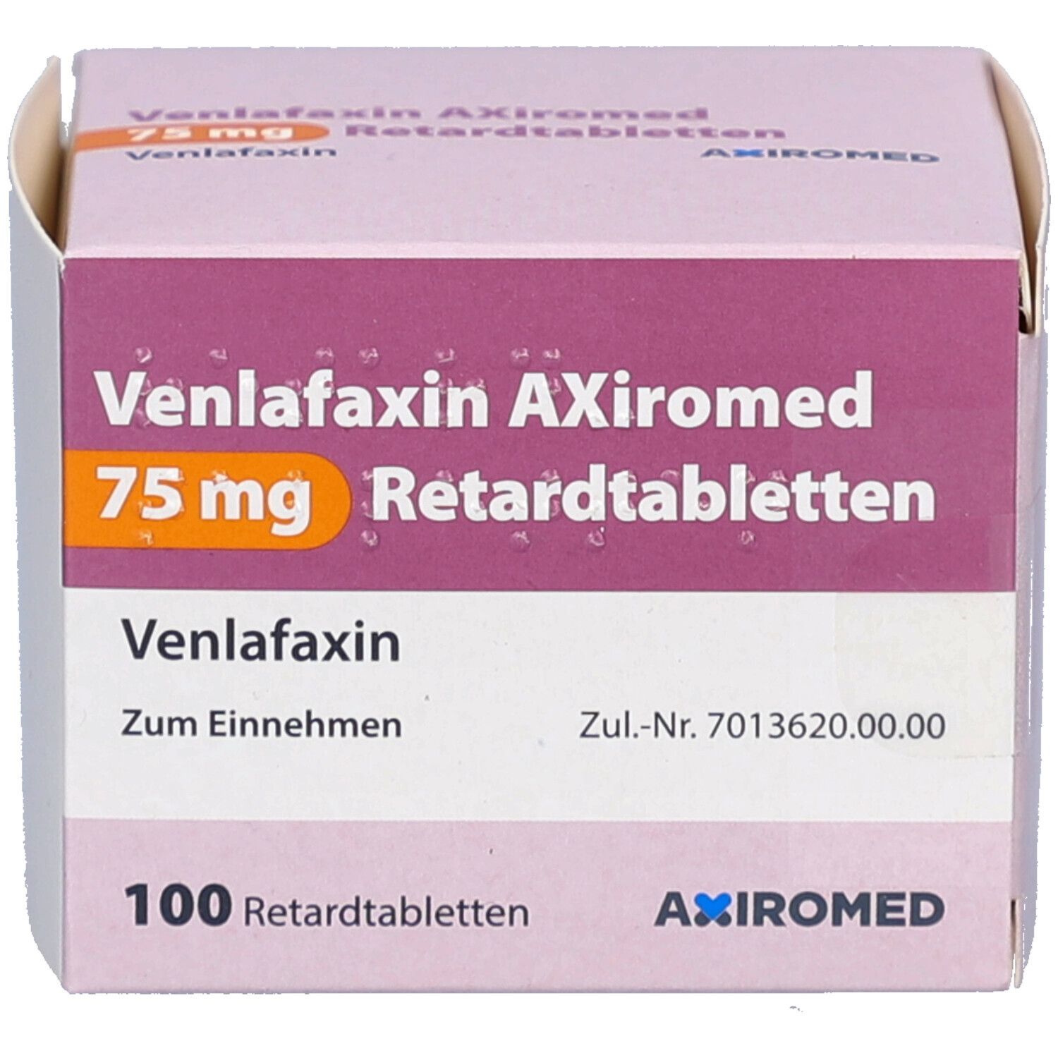 Schachtel mit Venlafaxin AXiromed 75 mg Retardtabletten. Aufschrift: 100 Retardtabletten. Marke AXiromed.