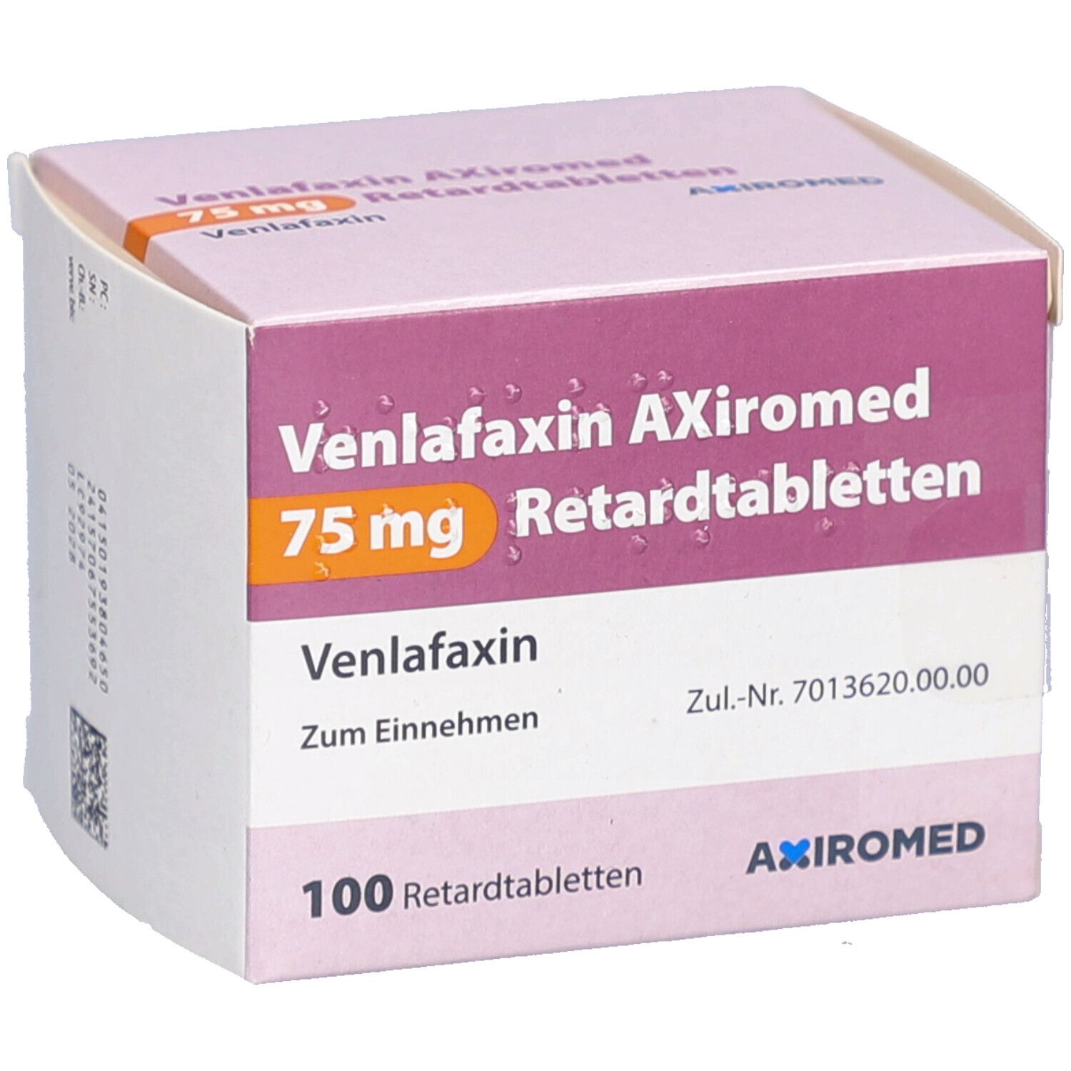 Schachtel mit Venlafaxin AXiromed 75 mg Retardtabletten. Aufschrift: 100 Retardtabletten. Marke AXiromed.