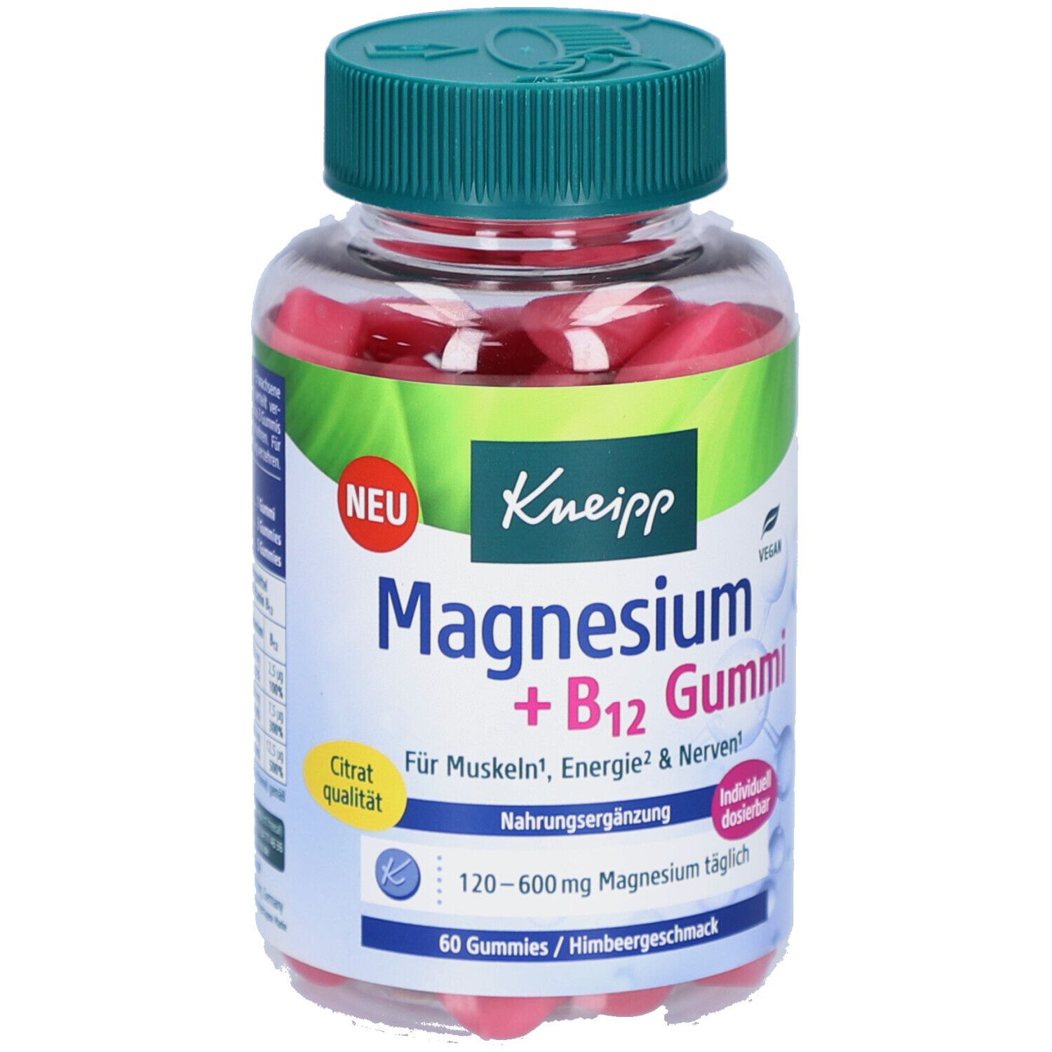 Klare Plastikflasche mit grüner Kappe. Rote Gummibärchen sichtbar. Aufschrift: Kneipp Magnesium + B12 Gummi. 60 Gummies.