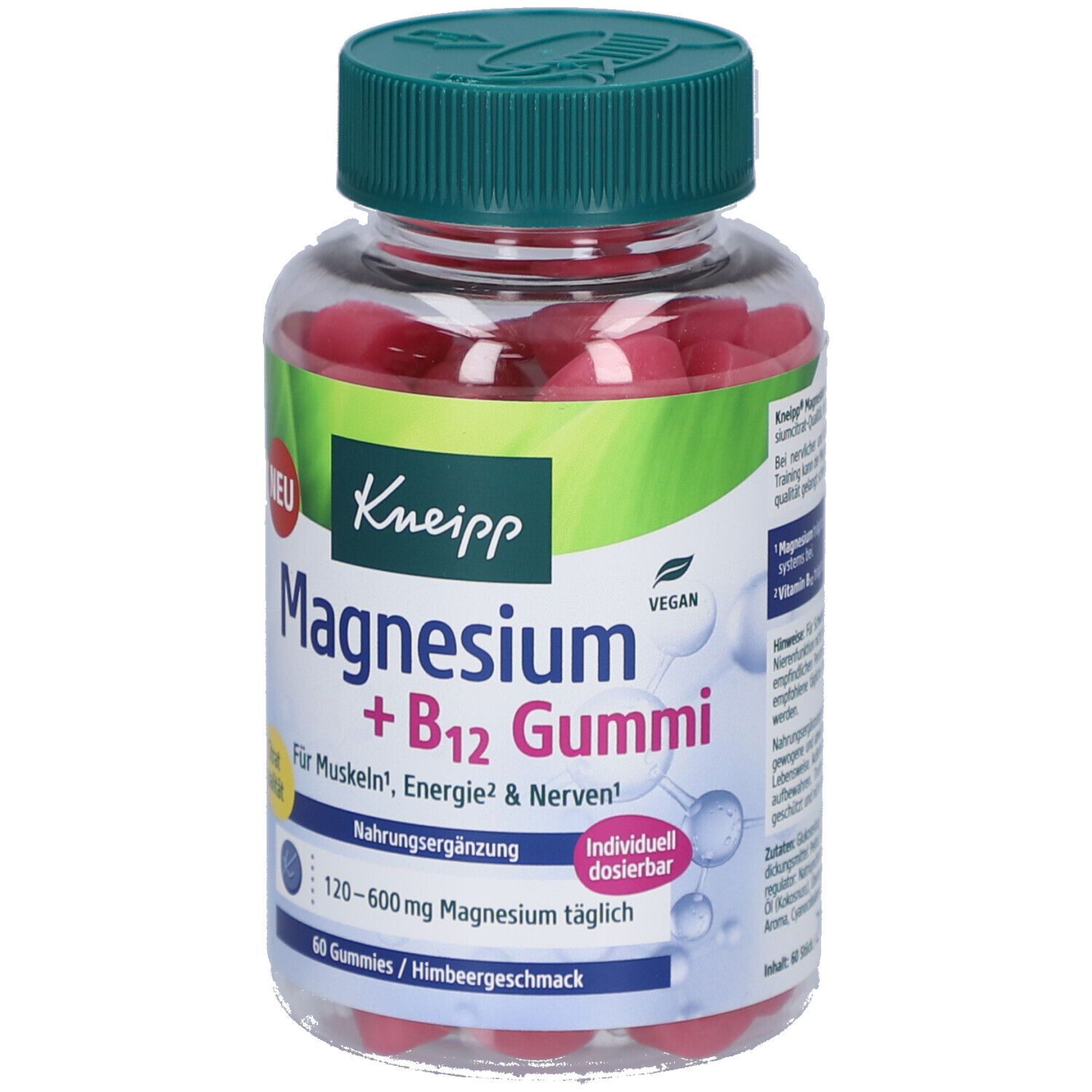 Klare Plastikflasche mit grüner Kappe. Rote Gummibärchen sichtbar. Aufschrift: Kneipp Magnesium + B12 Gummi. 60 Gummies.