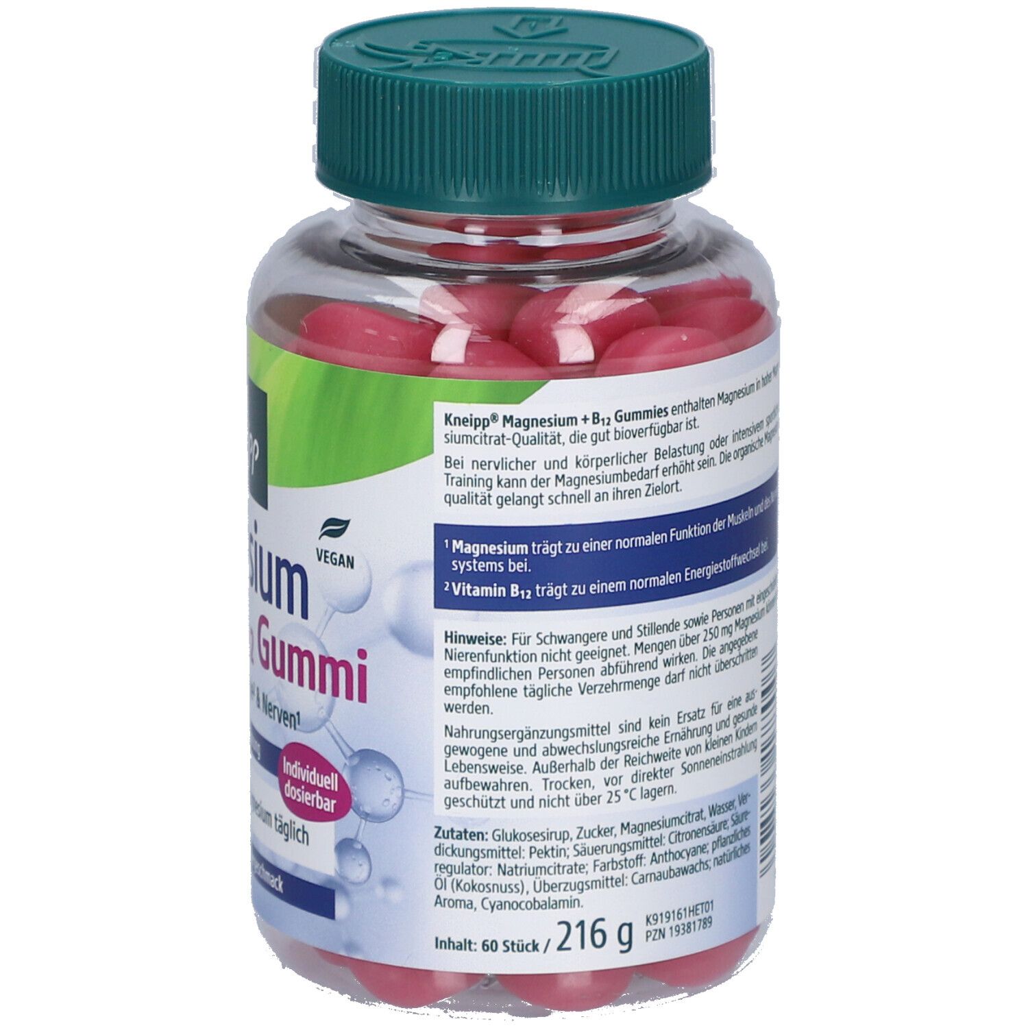 Rückseite der Flasche. Text mit Inhaltsstoffen und weiteren Informationen. Vegan. 60 Gummies, 216 g.