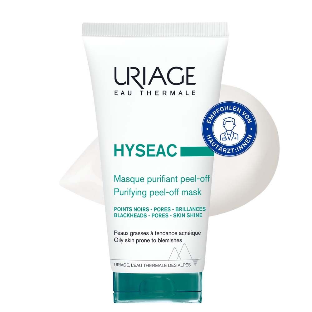 Weiße Tube mit grünem Deckel. Aufschrift: URIAGE, Hyséac. Peel-off Maske. Empfohlen von Hautärzt:innen.