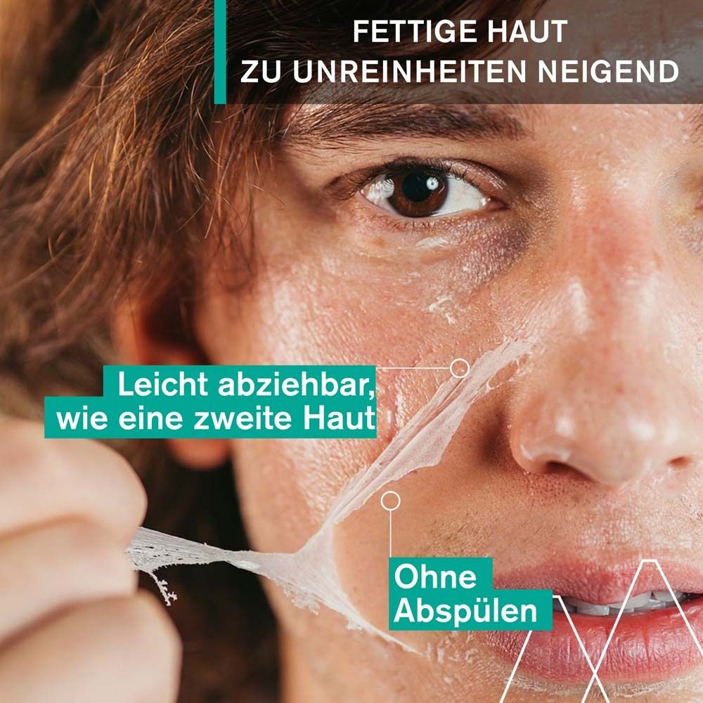 Person zieht Maske ab. Text: Fettige Haut, leicht abziehbar, wie eine zweite Haut, ohne Abspülen.
