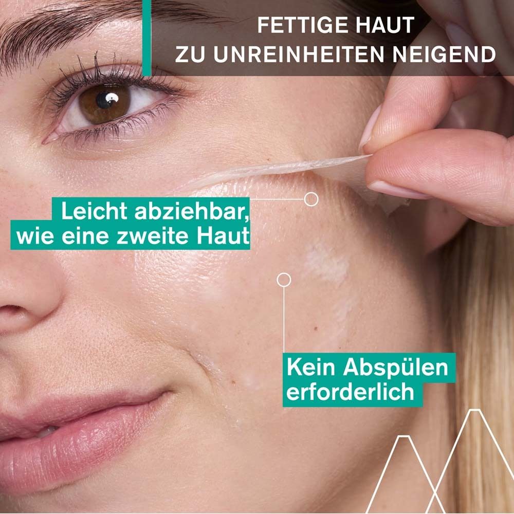Person zieht Maske ab. Text: Fettige Haut, leicht abziehbar, wie eine zweite Haut, kein Abspülen erforderlich.