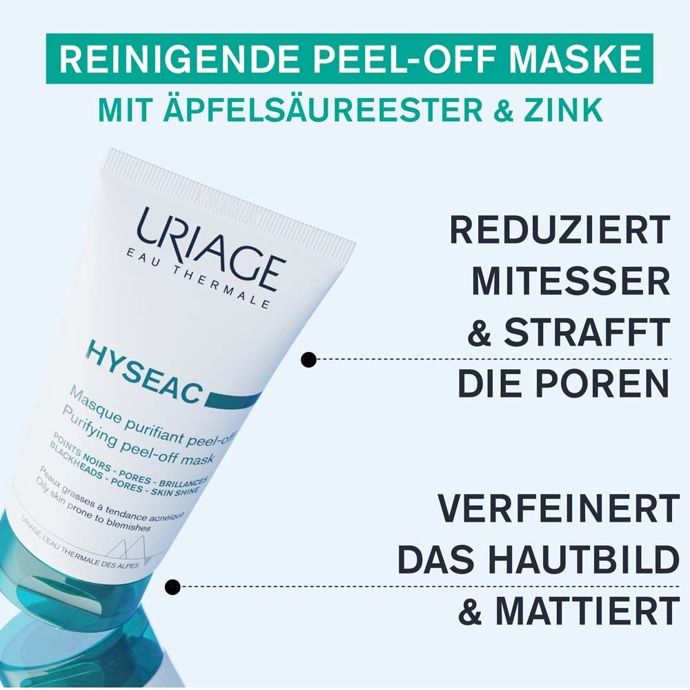 Tube mit Text: Reinigende Peel-off Maske mit Apfelsäureester & Zink. Reduziert Mitesser & strafft die Poren.
