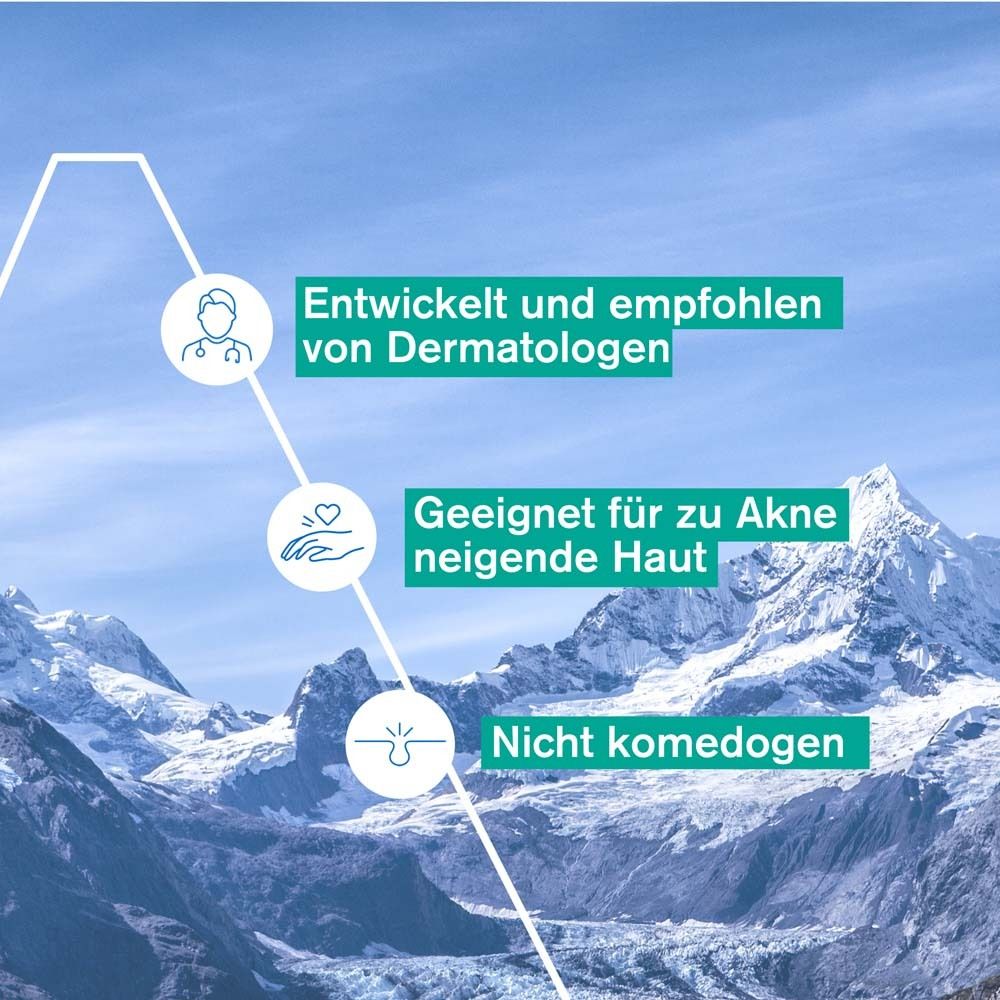 Text: Entwickelt und empfohlen von Dermatologen. Geeignet für zu Akne neigende Haut. Nicht komedogen.