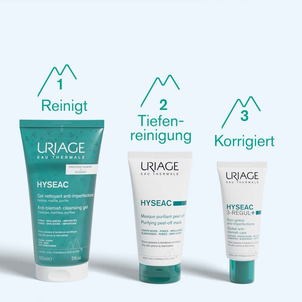 Drei Tuben: Uriage Hyséac. Anti-Unreinheiten Reinigungsgel, Peel-off Maske, 3-Regul+ Pflege.