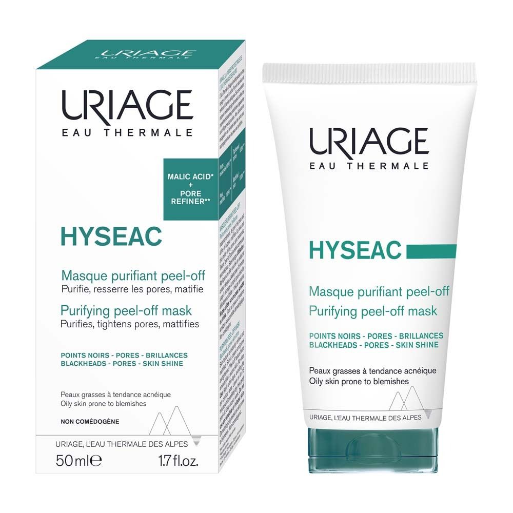 Produktverpackung: Tube und Schachtel. Aufschrift: URIAGE, Hyséac. Peel-off Maske. 50ml, 1.7 fl.oz.
