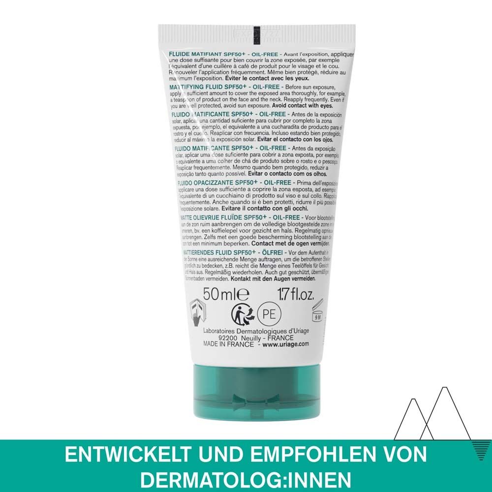 Rückseite der Tube Uriage Hyséac Mattierendes Fluid SPF 50+. Text, 50ml, 1.7 fl.oz. Dermatologen empfohlen.