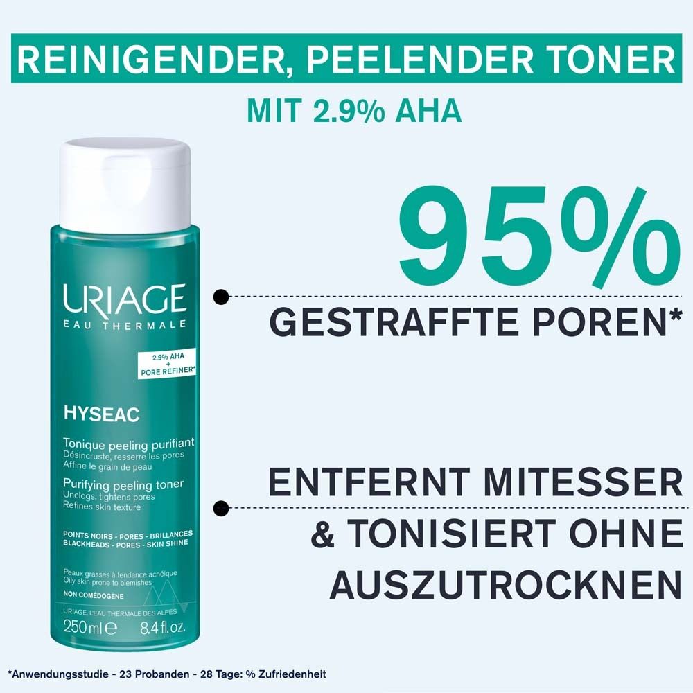 Flacon vert. Texte: Tonique peeling purifiant avec 2,9% AHA. 95% pores resserrés. Élimine les points noirs.