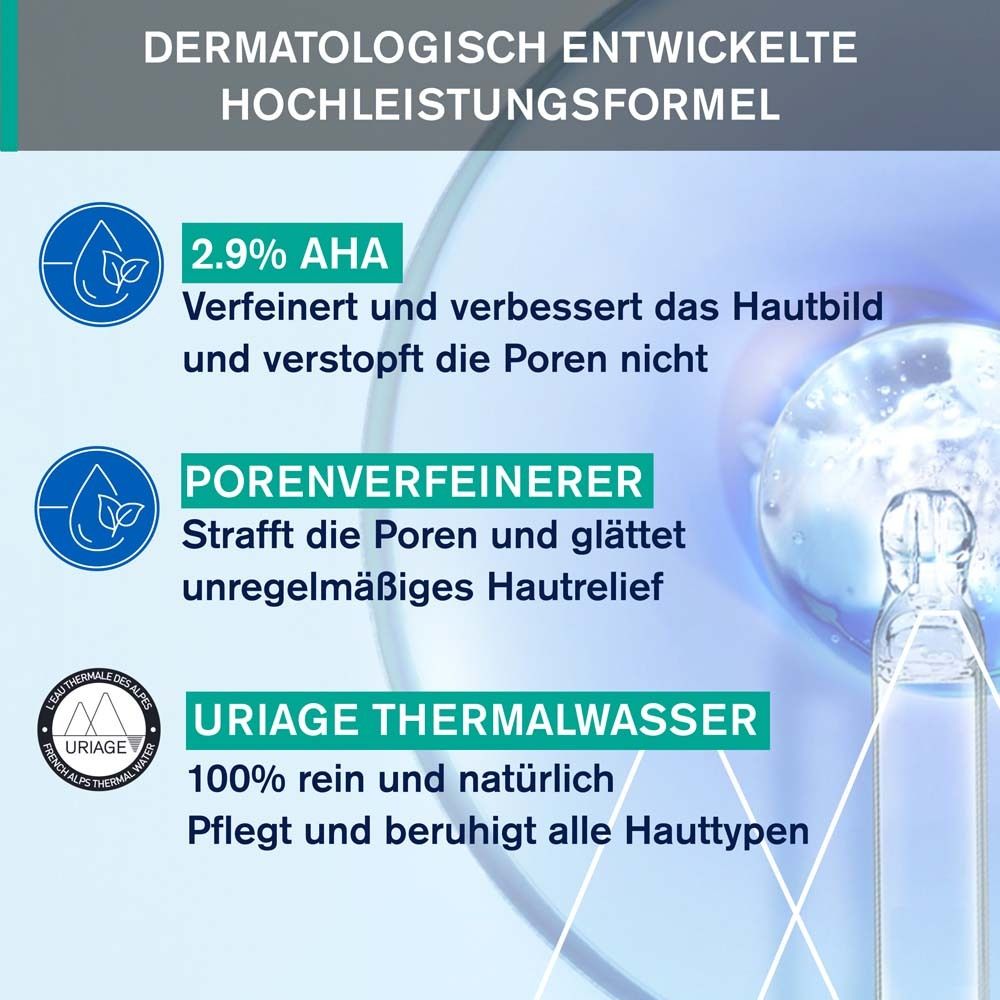 Graphique avec texte. 2,9% AHA, affinage des pores, eau thermale Uriage. Formule dermatologique.