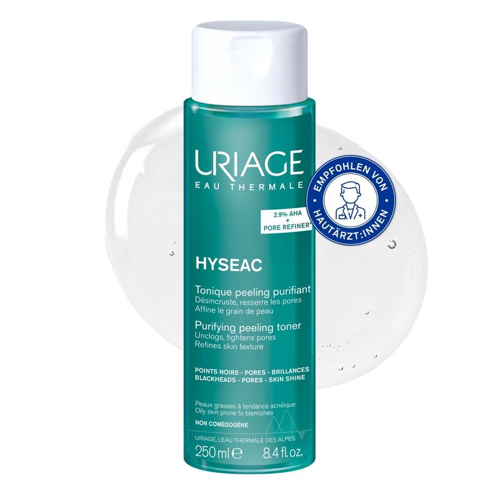 Flacon vert, bouchon blanc. Uriage Hyseac tonique visage. Recommandé par les dermatologues.