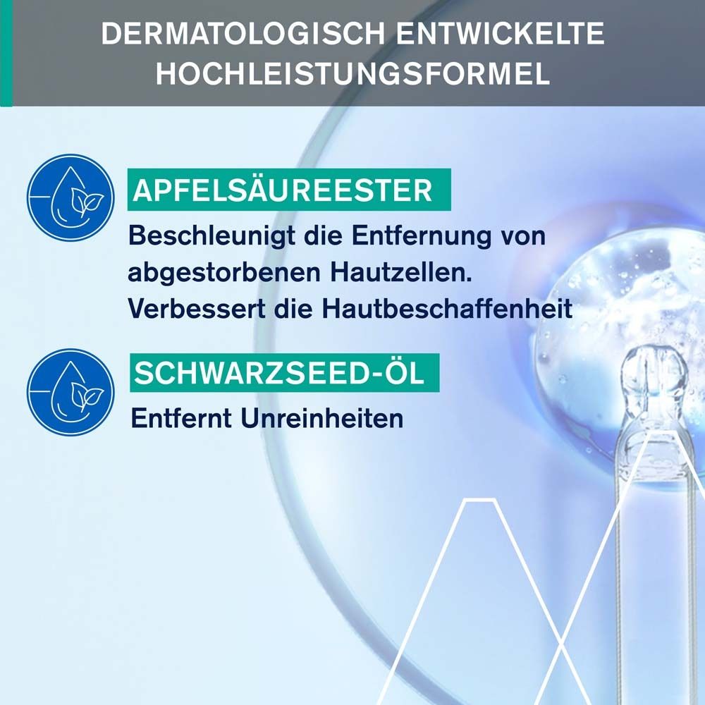 Text: Dermatologisch entwickelte Hochleistungsformel. Apfelsäureester, Schwarzkümmel-Öl. Flasche mit Flüssigkeit.