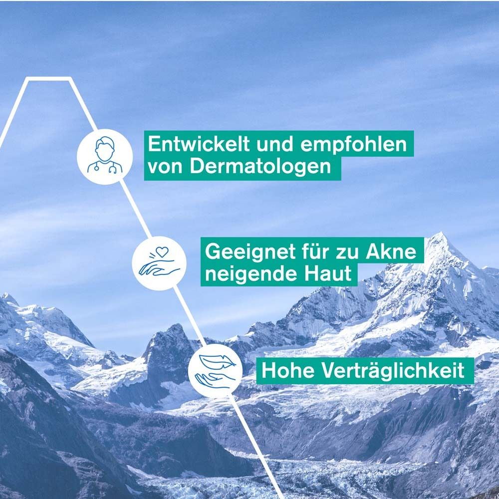 Text: Entwickelt und empfohlen von Dermatologen. Geeignet für zu Akne neigende Haut. Hohe Verträglichkeit. Berglandschaft.