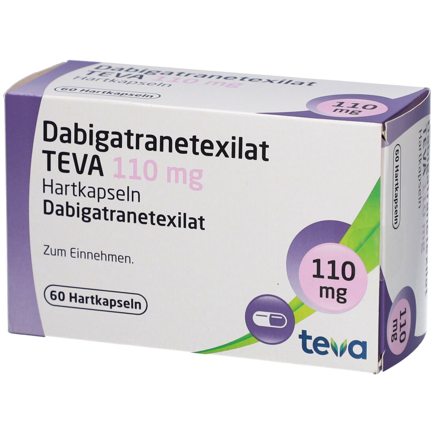 Schachtel mit DABIGATRANETEXILAT TEVA 110 mg Hartkapseln. Aufschrift: 110 mg, 60 Hartkapseln. Logo TEVA. Lila und grüne Akzente.