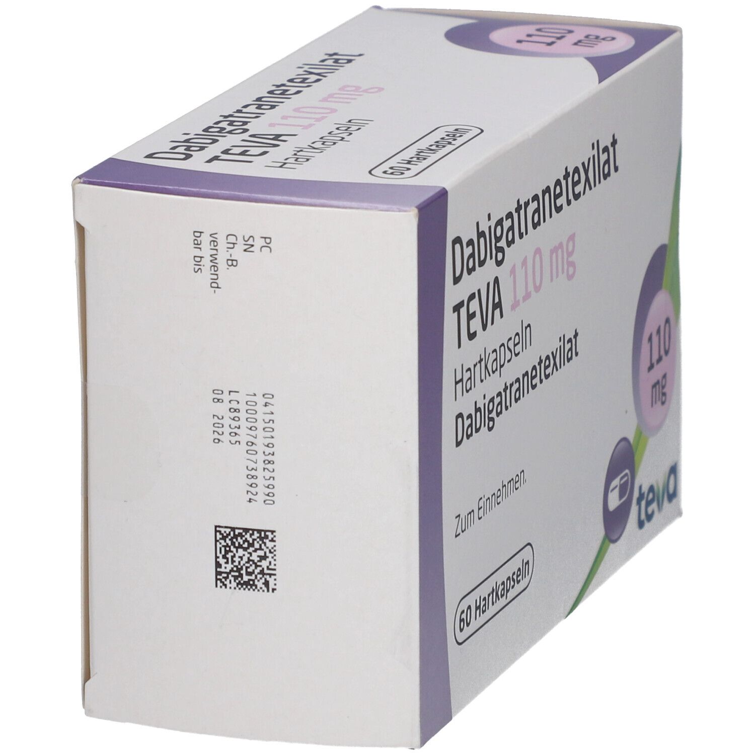 Schachtel mit DABIGATRANETEXILAT TEVA 110 mg Hartkapseln. Seitenansicht mit Text und Barcode. Logo TEVA.