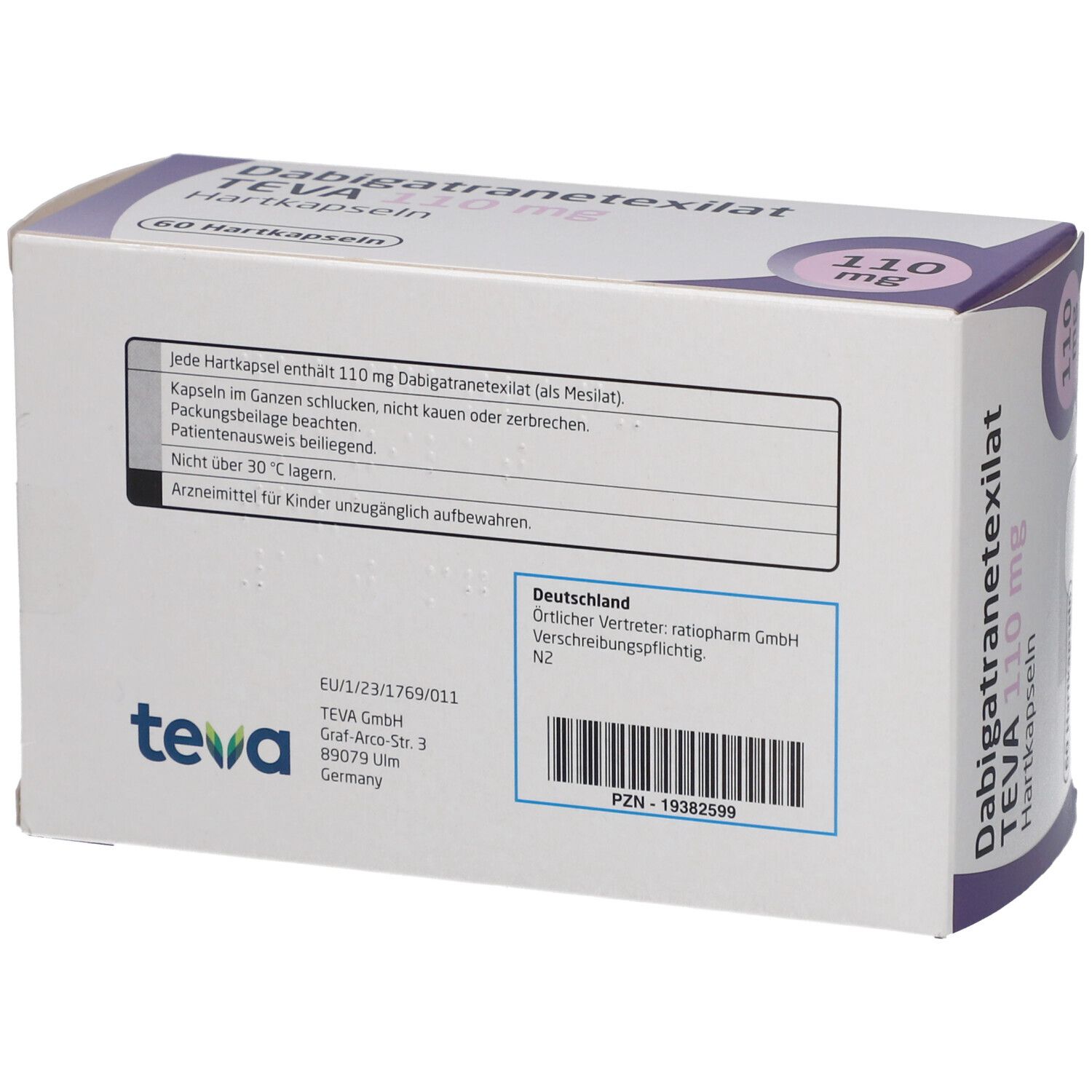 Schachtel mit DABIGATRANETEXILAT TEVA 110 mg Hartkapseln. Rückseite mit Text. Logo TEVA. Informationen zu Hersteller und Vertreiber.