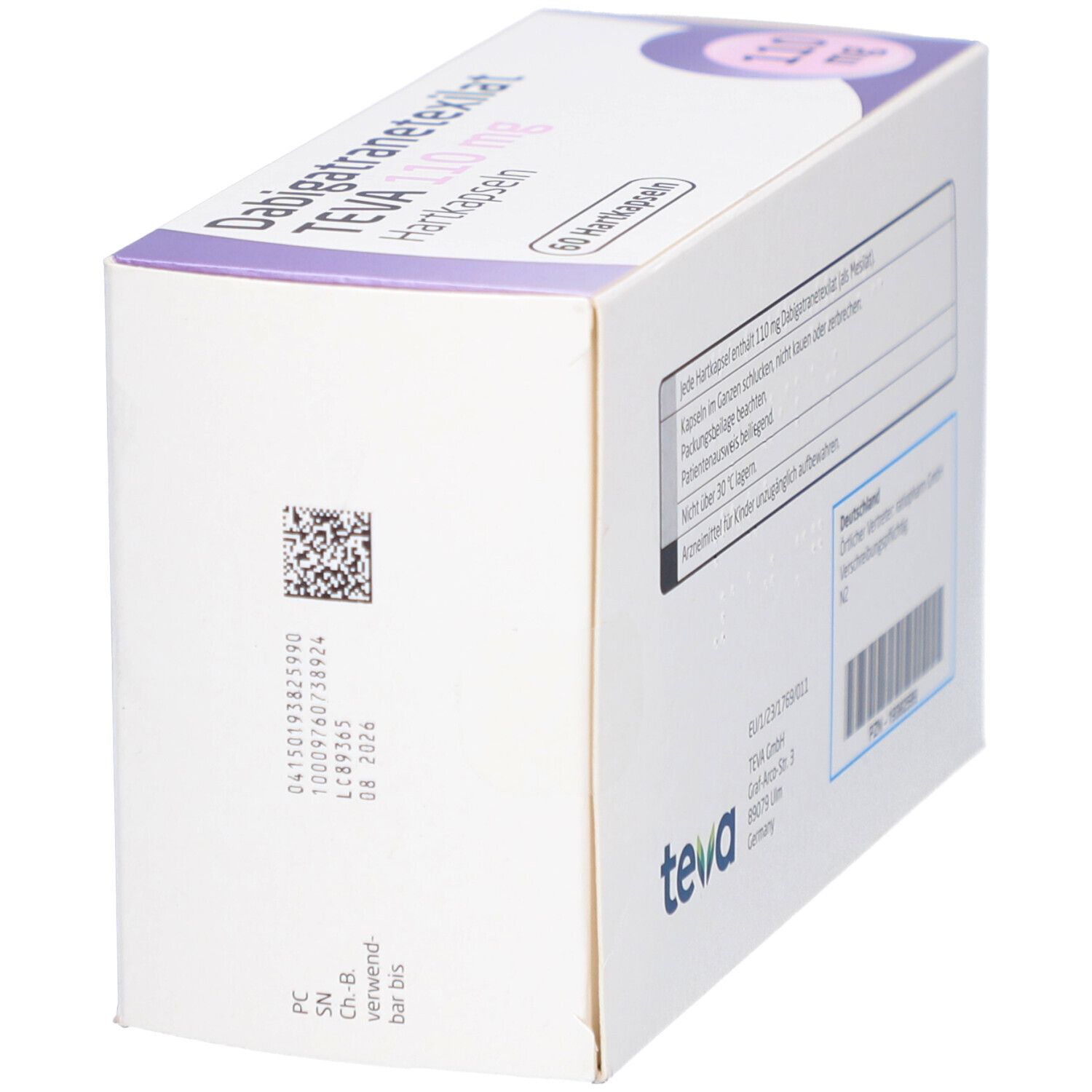 Schachtel mit DABIGATRANETEXILAT TEVA 110 mg Hartkapseln. Seitenansicht mit Text und Barcode. Logo TEVA.