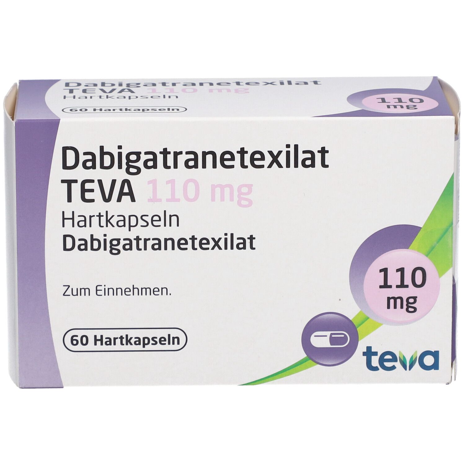 Schachtel mit DABIGATRANETEXILAT TEVA 110 mg Hartkapseln. Aufschrift: 110 mg, 60 Hartkapseln. Logo TEVA. Lila und grüne Akzente.