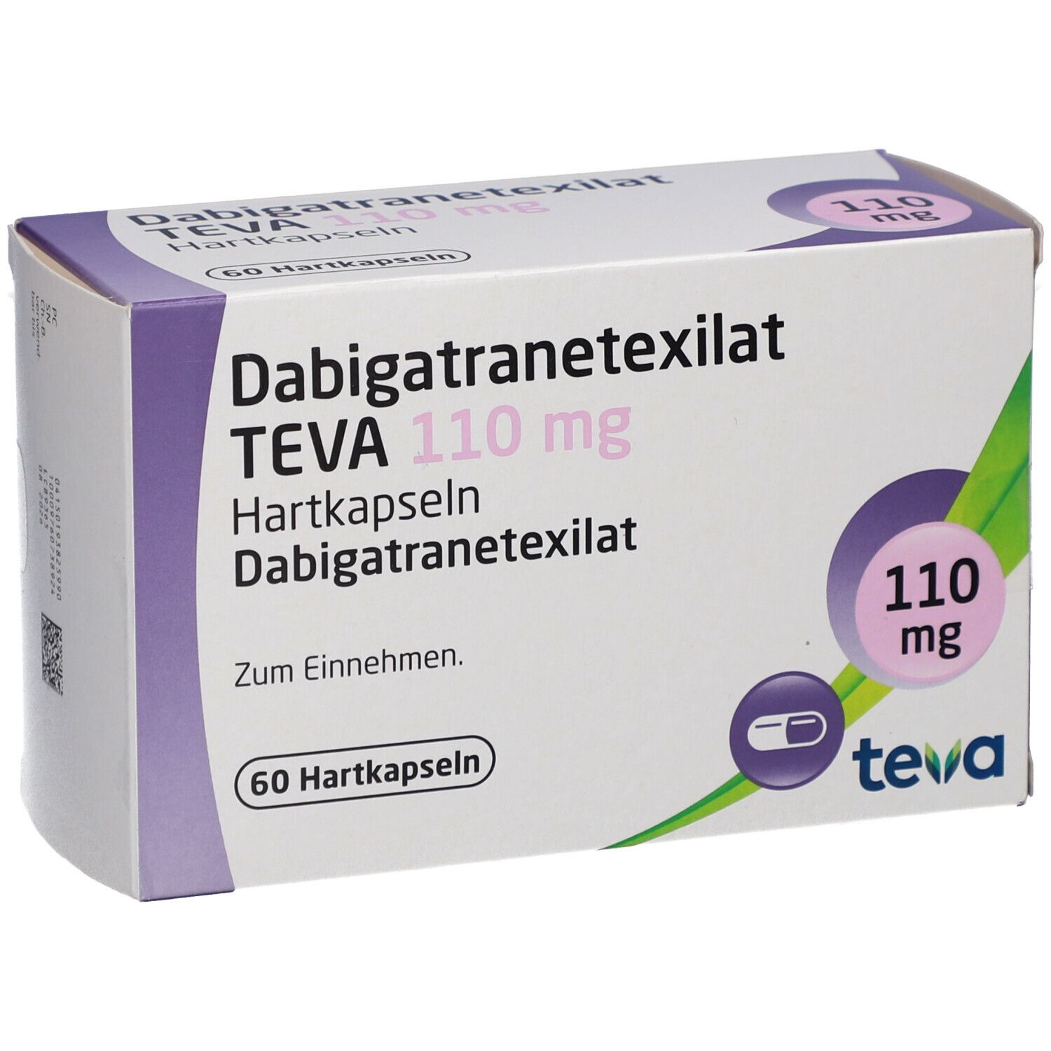 Schachtel mit DABIGATRANETEXILAT TEVA 110 mg Hartkapseln. Aufschrift: 110 mg, 60 Hartkapseln. Logo TEVA. Lila und grüne Akzente.
