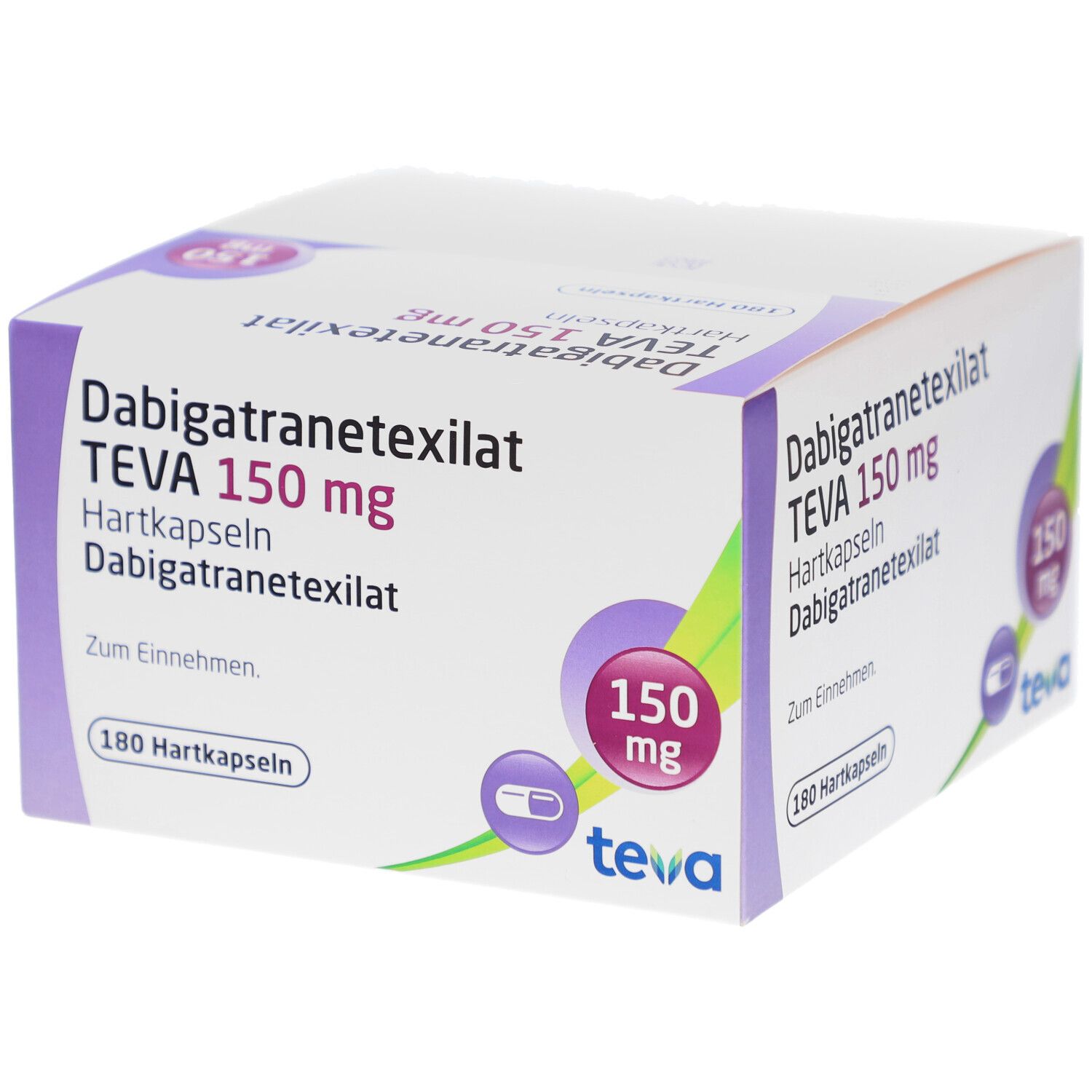 Weiß-lila Karton. Aufschrift: Dabigatranetexilat TEVA 150 mg Hartkapseln. 180 Hartkapseln. Logo Teva. 150 mg-Symbol.