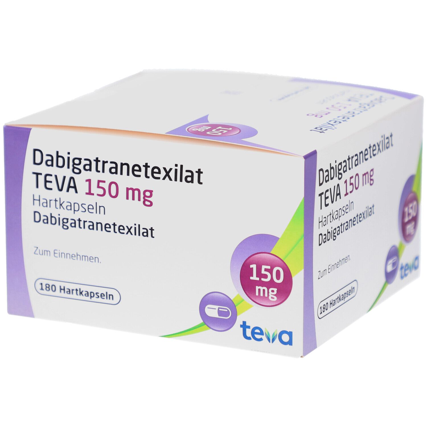 Weiß-lila Karton. Aufschrift: Dabigatranetexilat TEVA 150 mg Hartkapseln. 180 Hartkapseln. Logo Teva. 150 mg-Symbol.