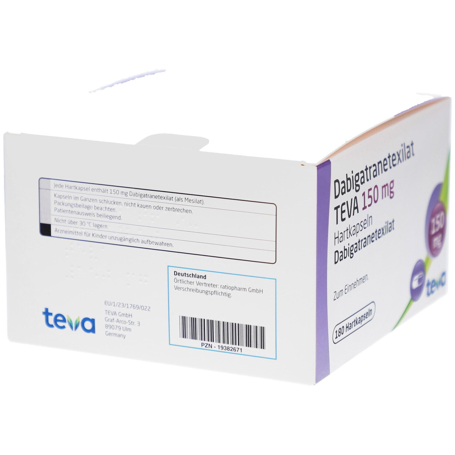 Rückseite eines weiß-lila Kartons. Text: Dabigatranetexilat TEVA 150 mg. Herstellerinformationen. Barcode. Logo Teva.