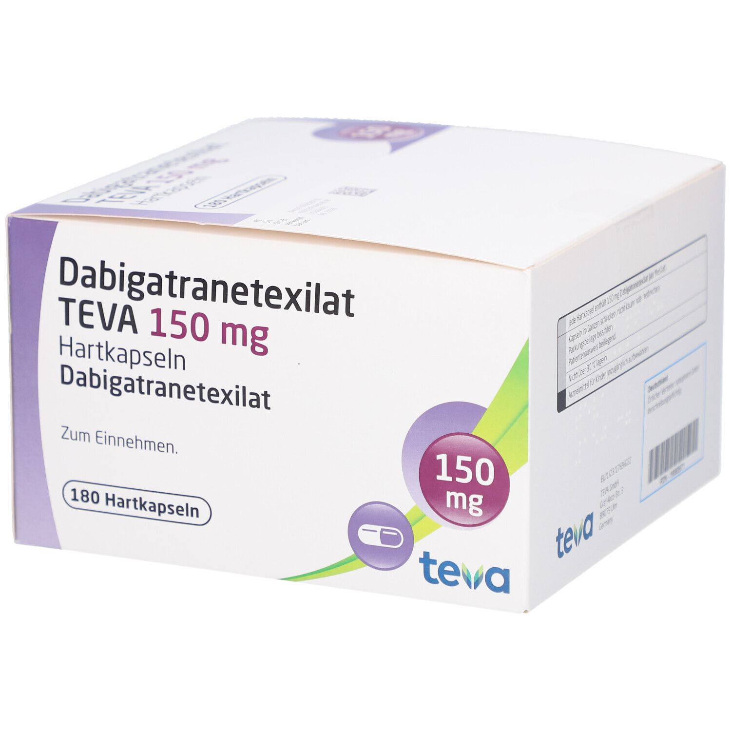 Weiß-lila Karton. Aufschrift: Dabigatranetexilat TEVA 150 mg Hartkapseln. 180 Hartkapseln. Logo Teva. 150 mg-Symbol.
