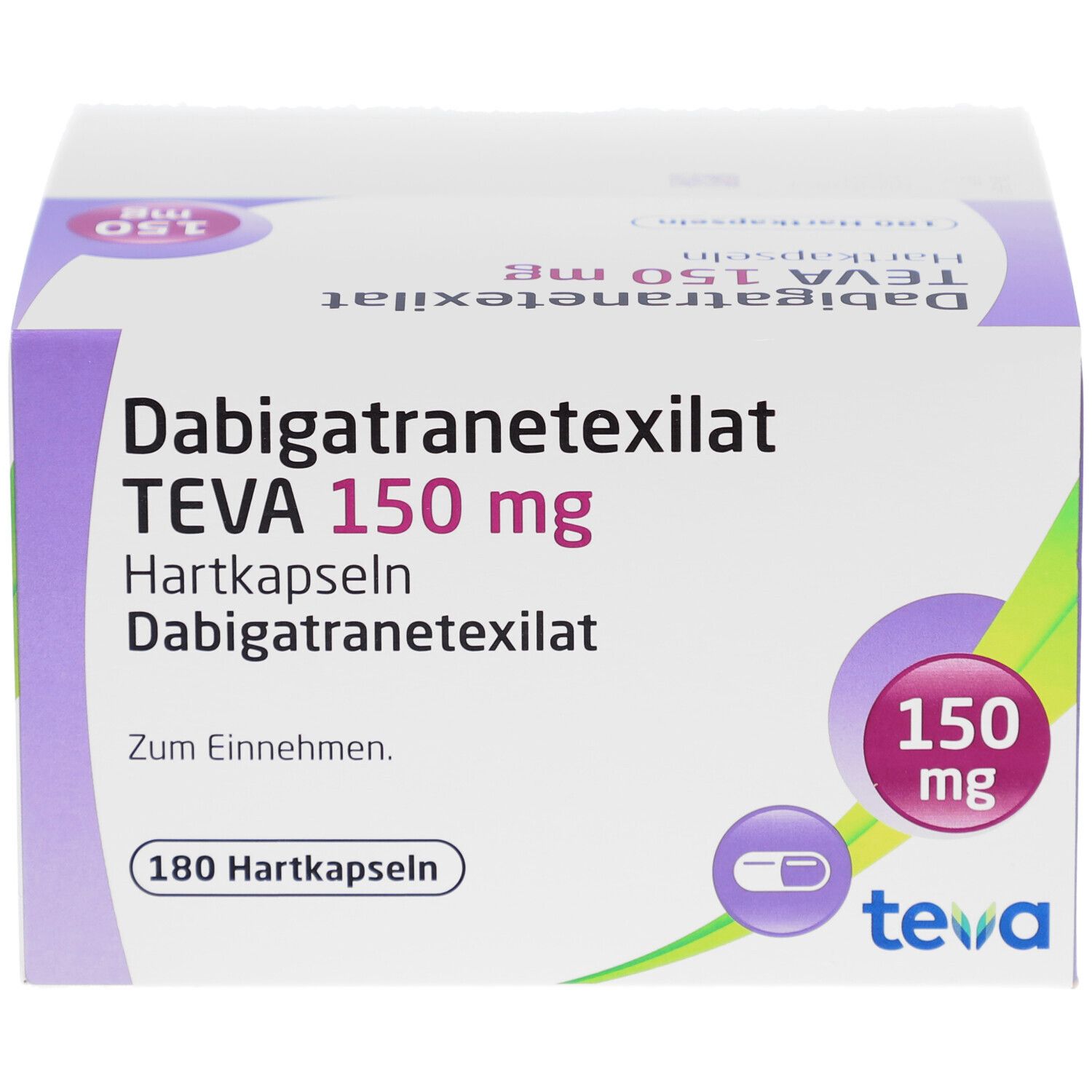 Weiß-lila Karton. Aufschrift: Dabigatranetexilat TEVA 150 mg Hartkapseln. 180 Hartkapseln. Logo Teva. 150 mg-Symbol.